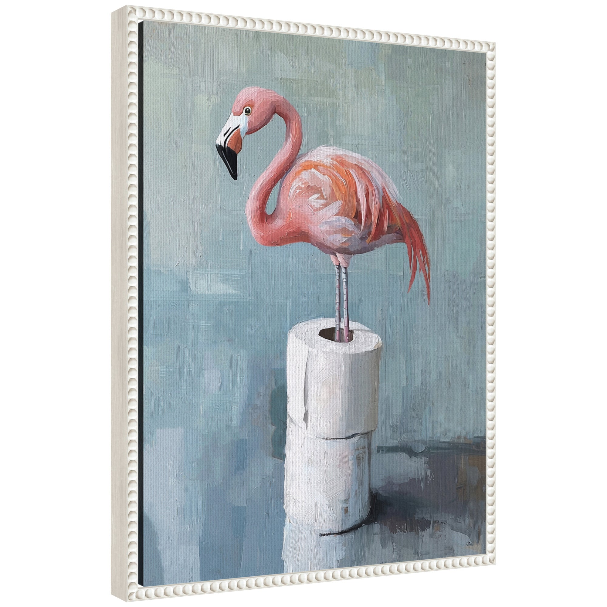 Framed canvas art of a flamingo standing next to toilet paper rolls