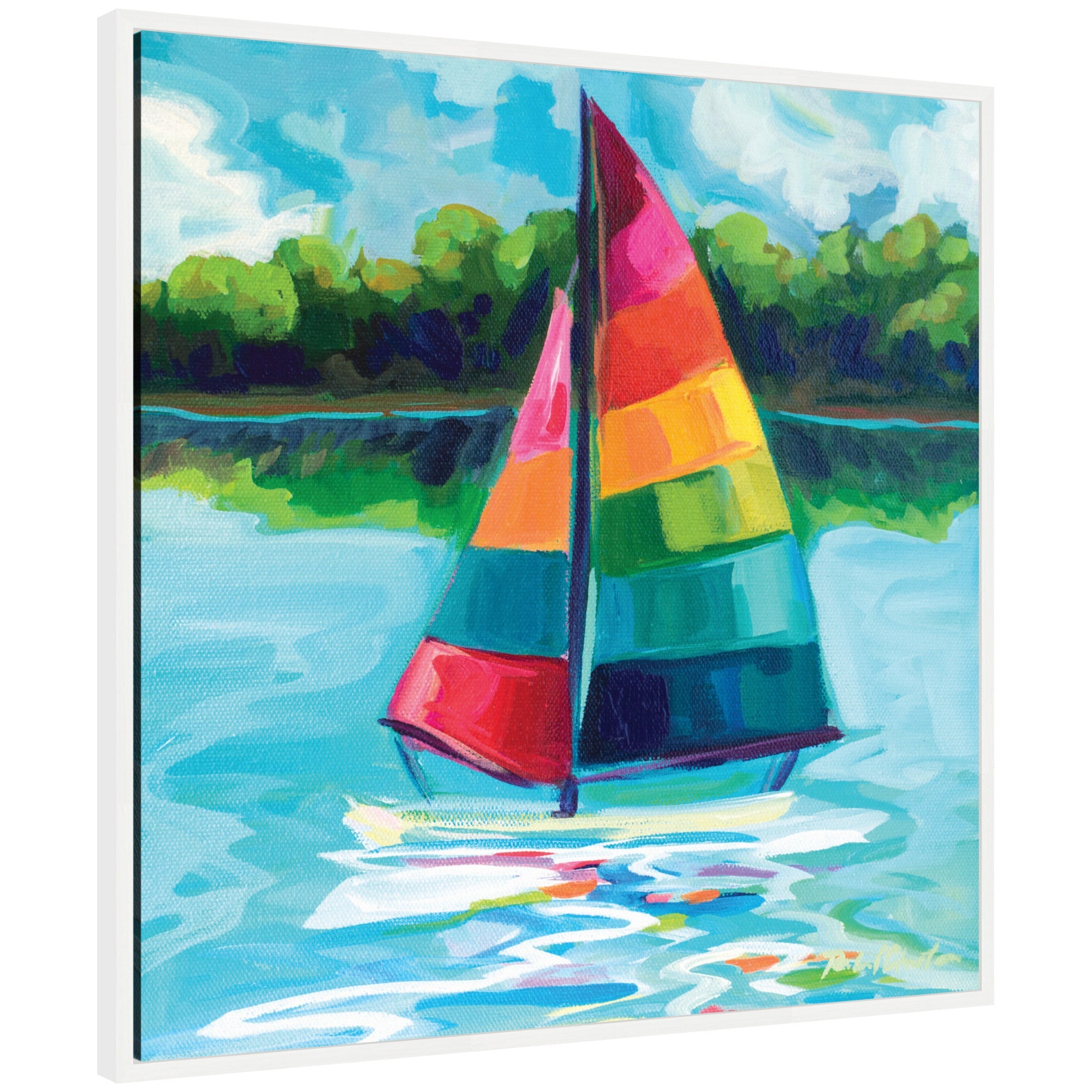 Sylvie Sunday Sailing framed canvas art by Rachel Christopoulos showing a beach scene in a modern floating frame