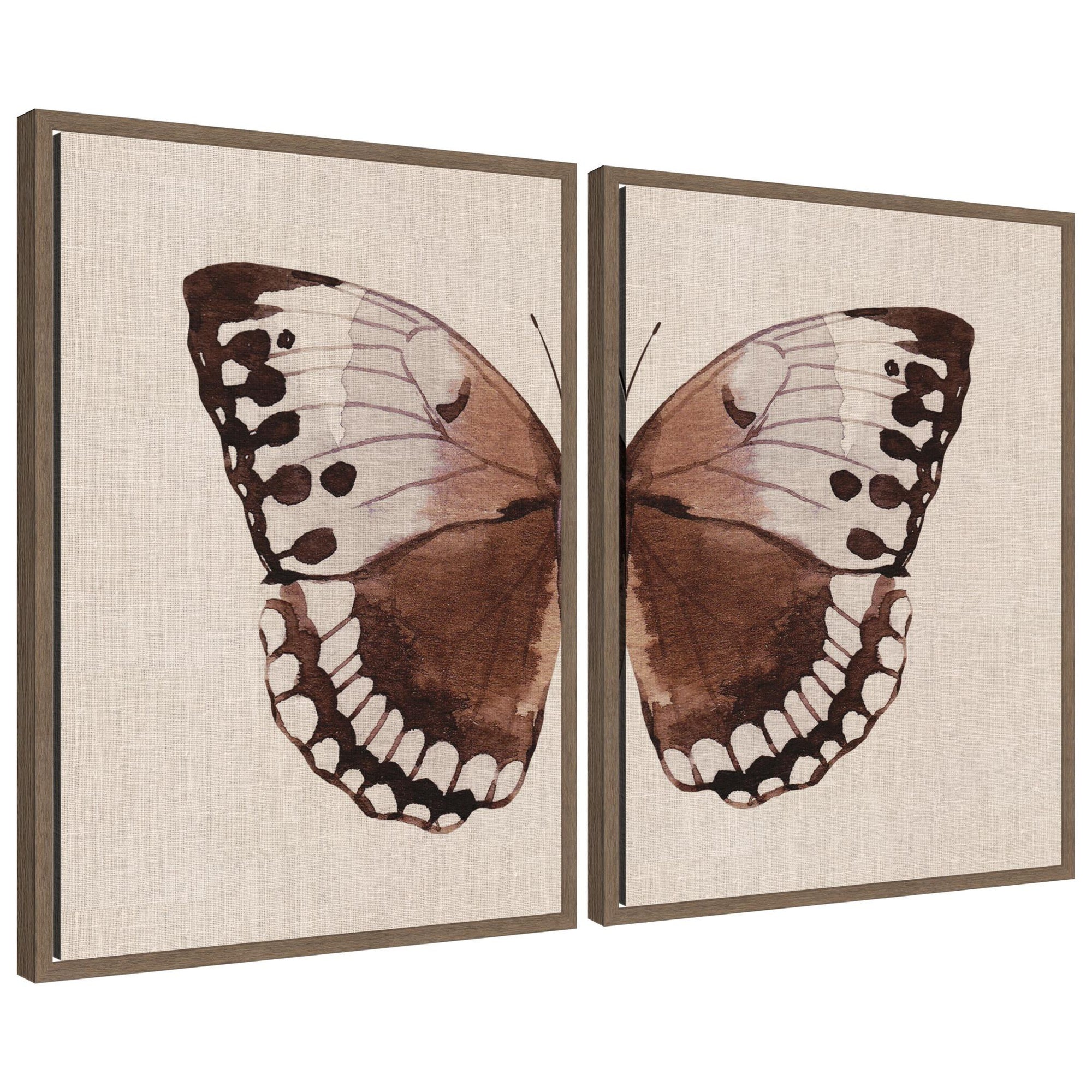 Sylvie Retro Butterfly Watercolor 2 Piece Framed Canvas Art Set showing delicate butterfly watercolor prints in beaded gold and walnut brown frames.