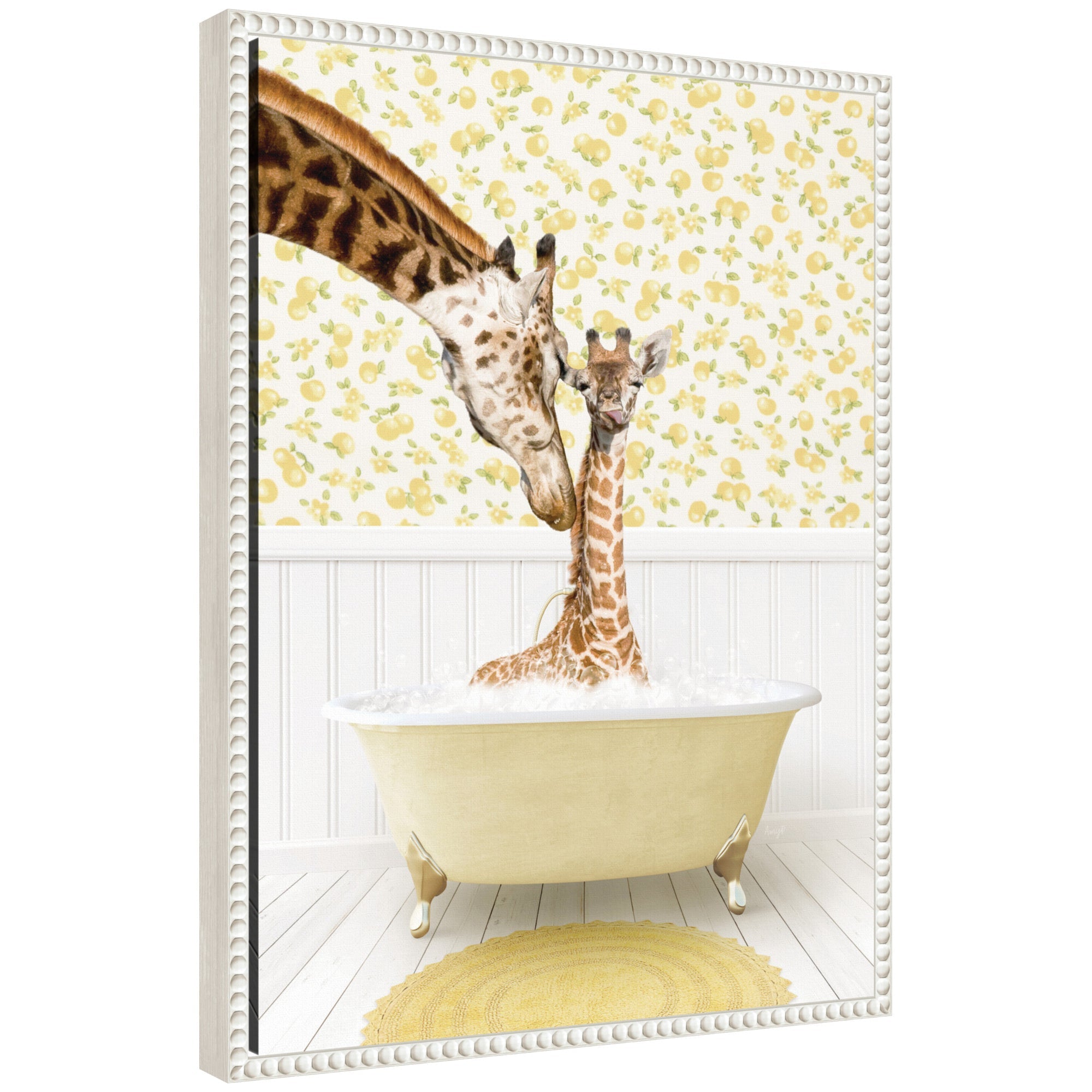 Framed canvas art showing mother and baby giraffe in yellow bathtub by Amy Peterson