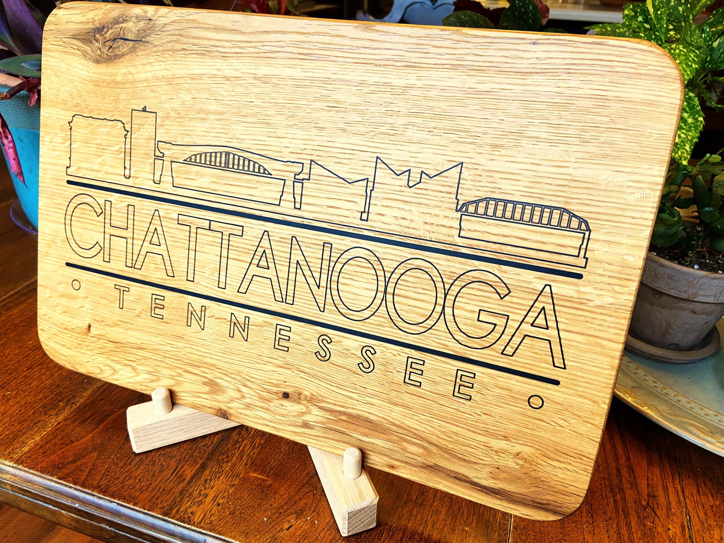 Handmade white oak charcuterie board with engraved Chattanooga skyline
