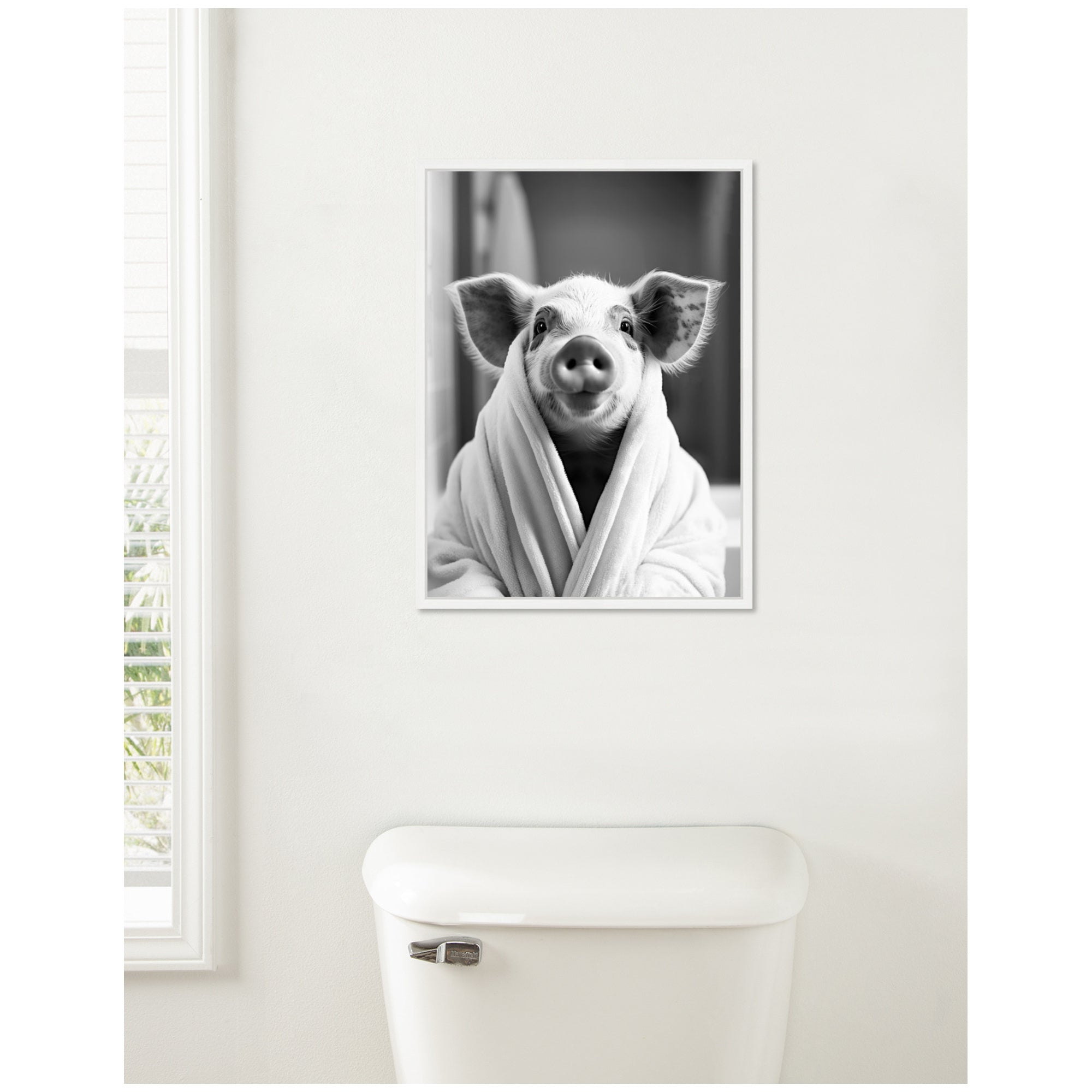 Sylvie Pig Bathroom Art Towel Robe Black and White Framed Canvas