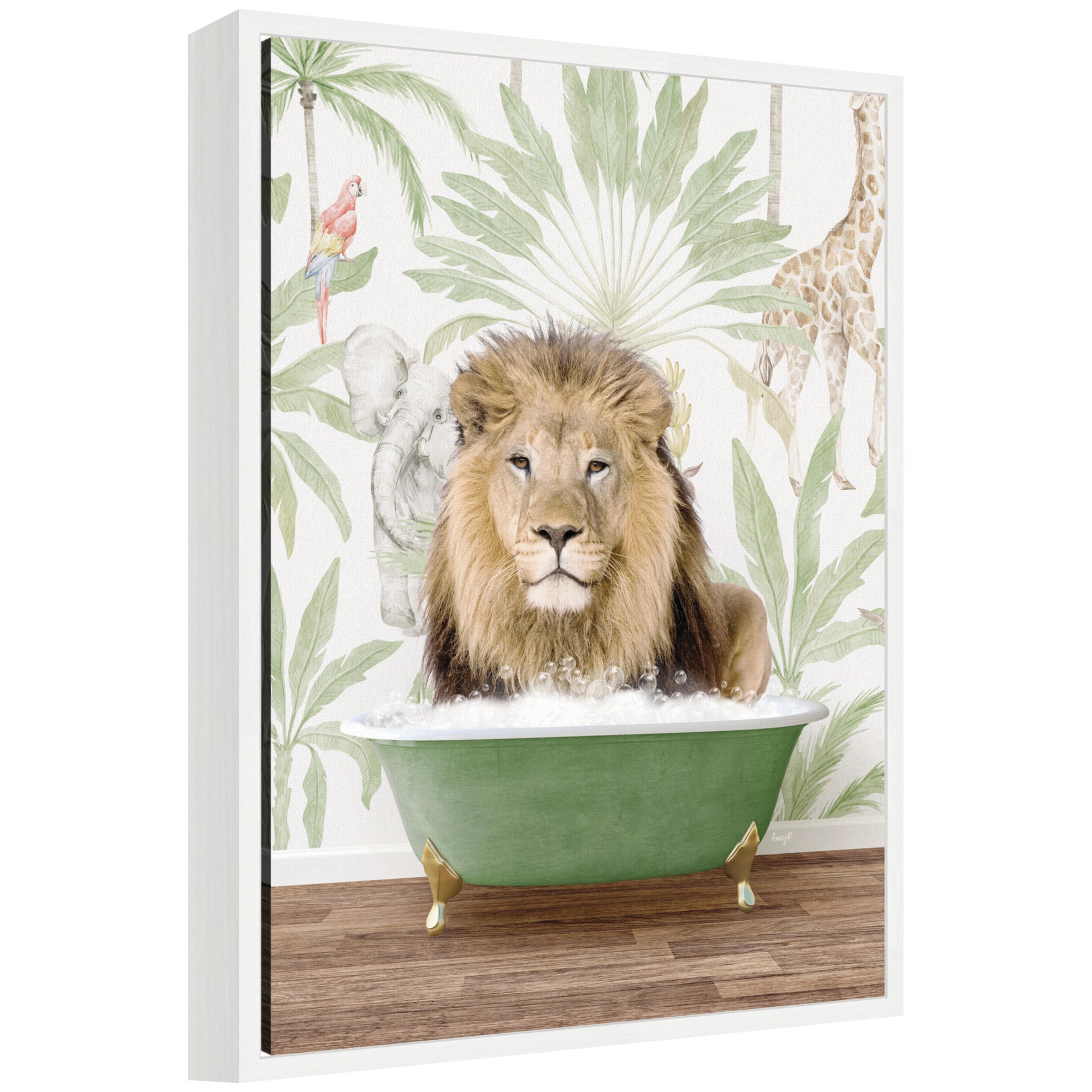Sylvie Lion in Wild Safari Bathtub framed canvas art by Amy Peterson showing a lion reclining in a bathtub with animal-print wallpaper background.