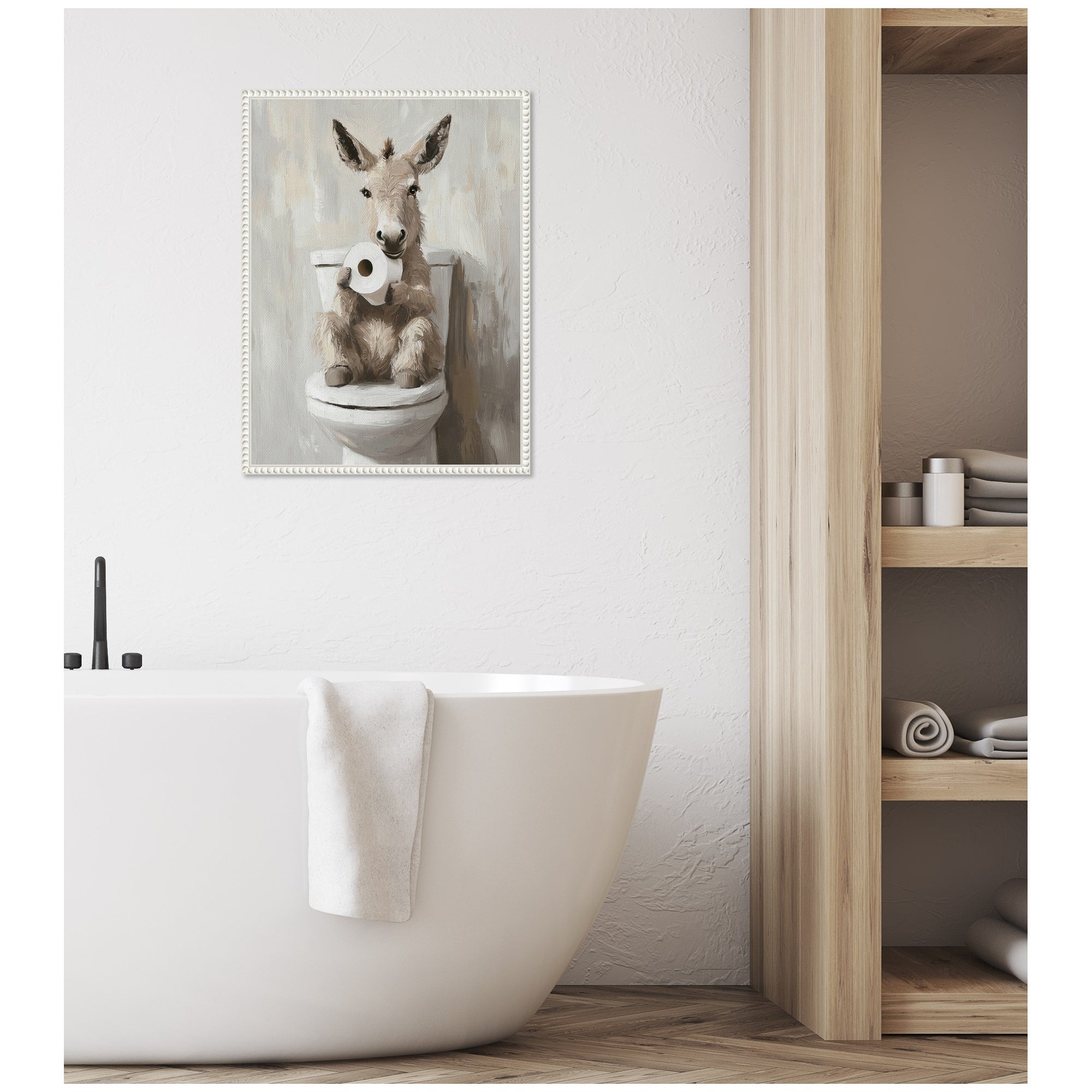 Sylvie Cute Donkey Holding Toilet Paper Roll Toilet Bathroom Art Framed Canvas