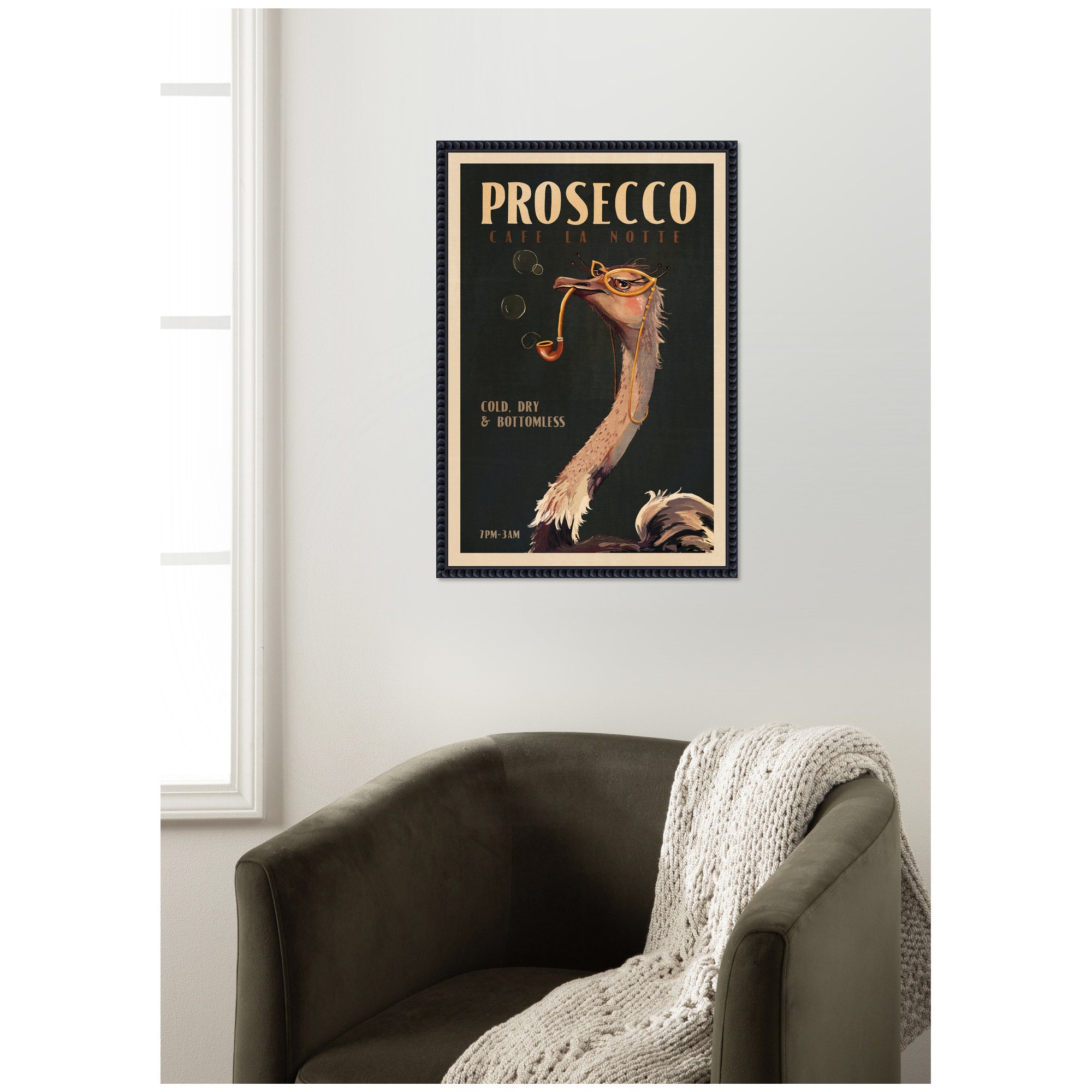 WG Deco Prosecco Ostrich by The Whiskey Ginger Framed Canvas Wall Art Print