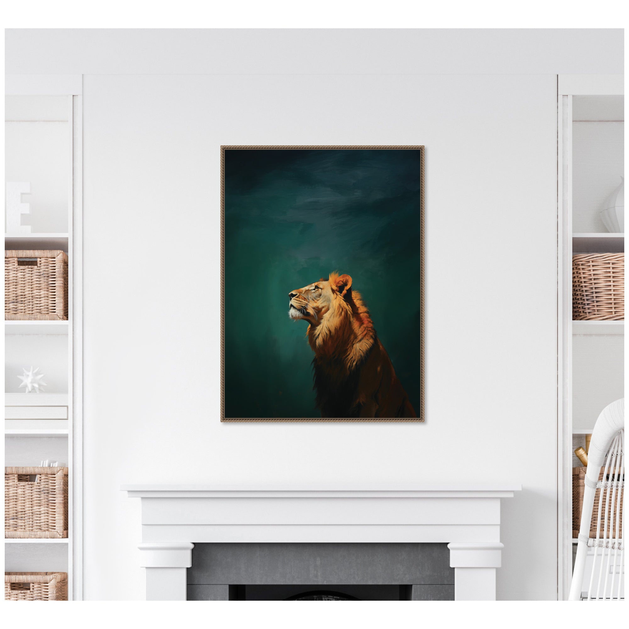 Lion on Tonal Blue Teal Green Abstract by The Creative Bunch Studio Framed Canvas Wall Art Print