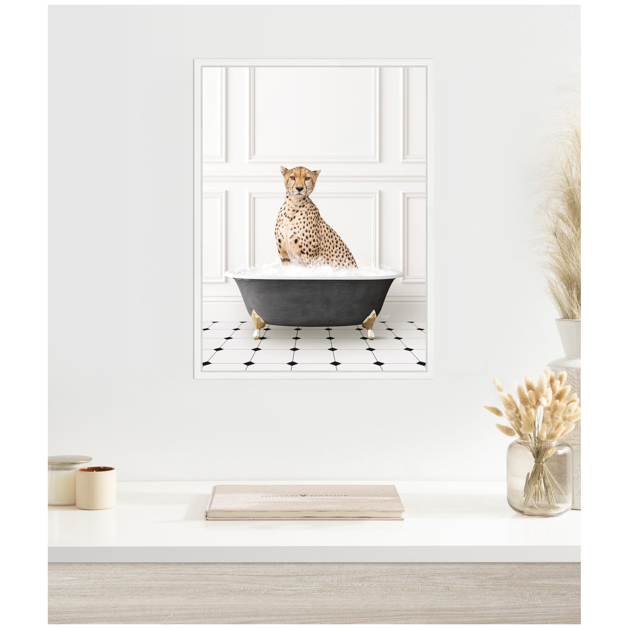 Sylvie Cheetah in Classic Black and White Bathtub Framed Canvas by Amy Peterson