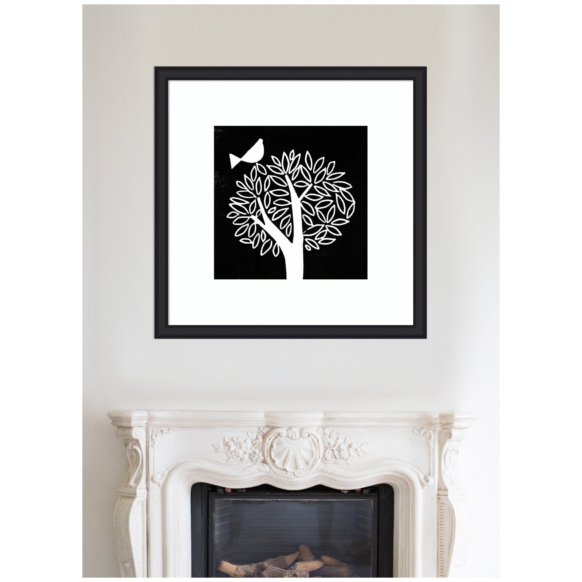 Framed Art Black and White Bird Tree Linocut by Giuliana Lazzerini