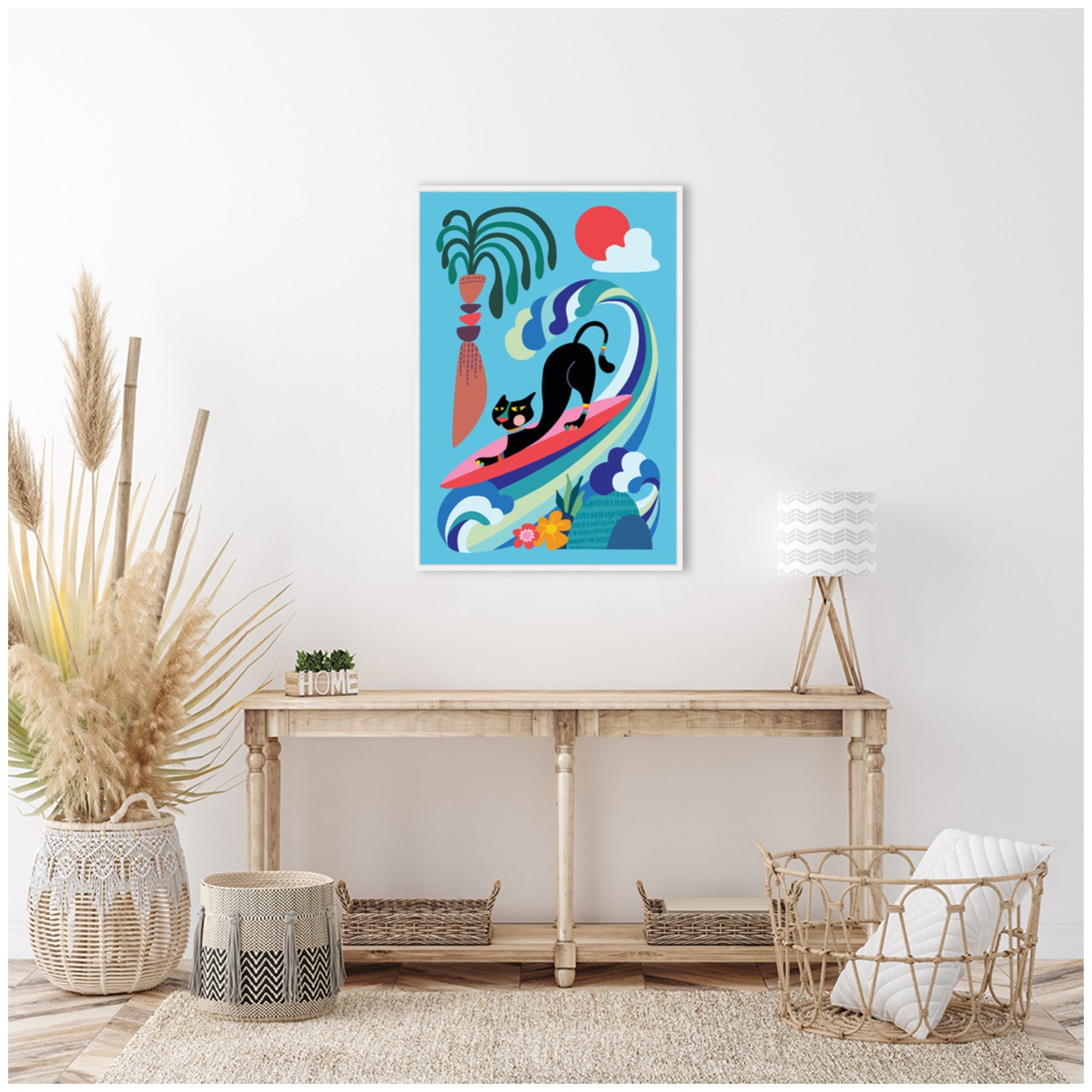 Sylvie Vibrant Whimsical Ocean Surf Cat Framed Canvas by Rachel Lee