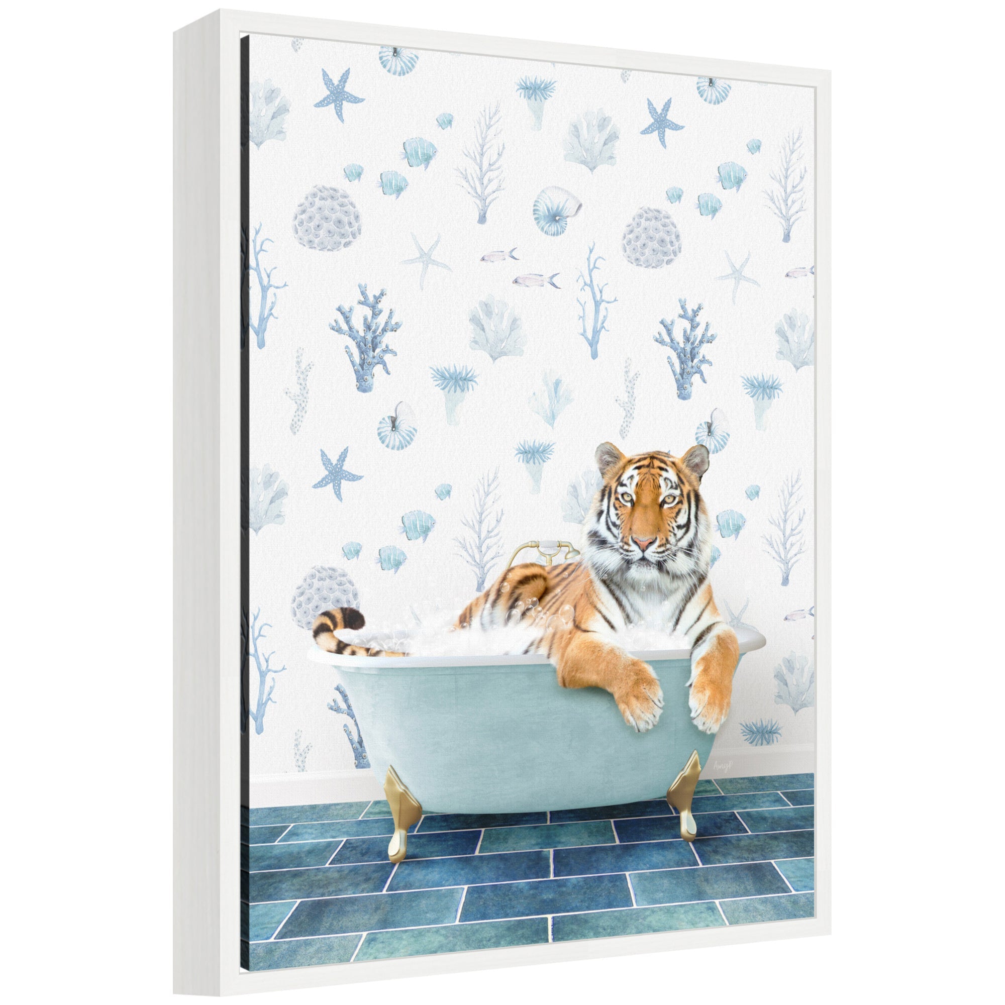 Framed floating canvas art titled Sylvie Tiger in Under the Sea Bathtub by Amy Peterson showing a tiger in a blue underwater bathtub scene