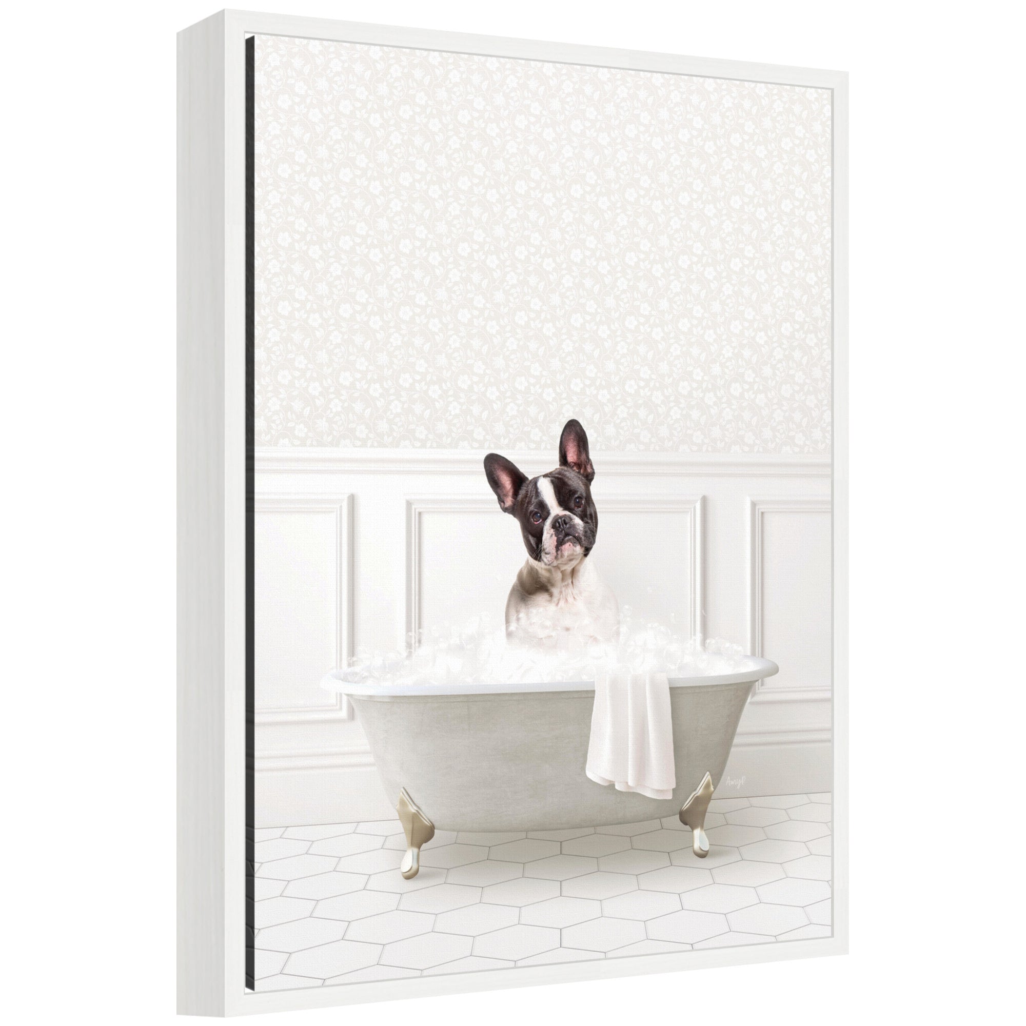 Framed canvas art showing a French Bulldog sitting in a white bathtub