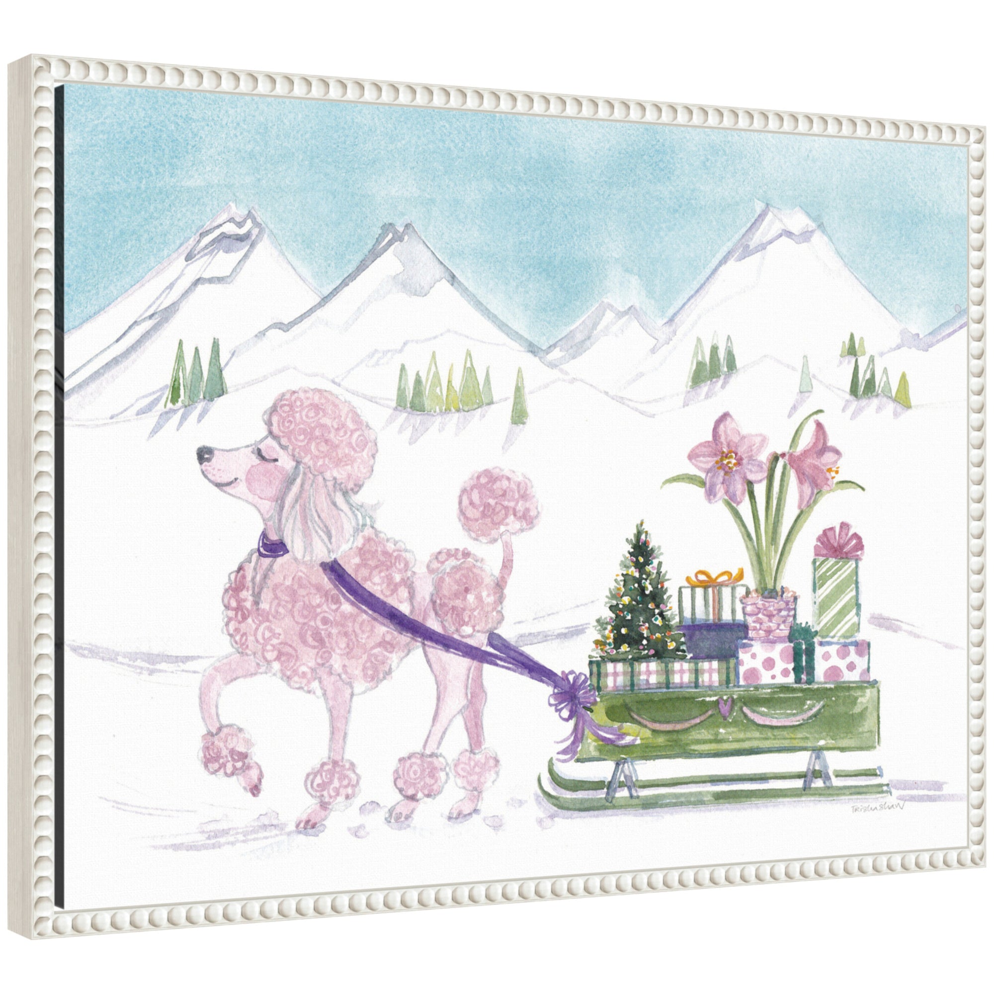 Sylvie Beaded Pink Poodle and Present Sled framed canvas showing a pink poodle beside a sled with presents, in a polystyrene frame.