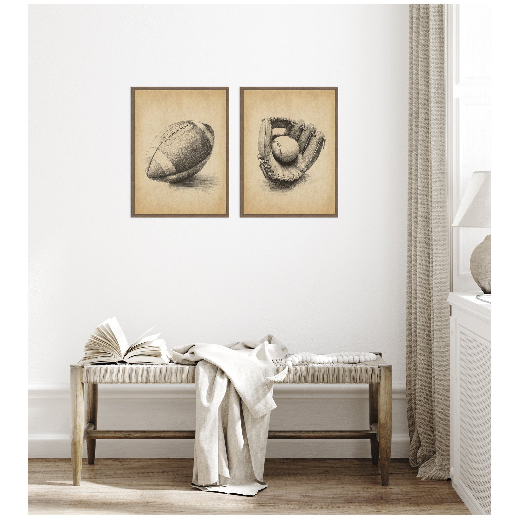 Vintage Football & Baseball 2 Piece Framed Canvas Wall Art Set by The Creative Bunch Studio