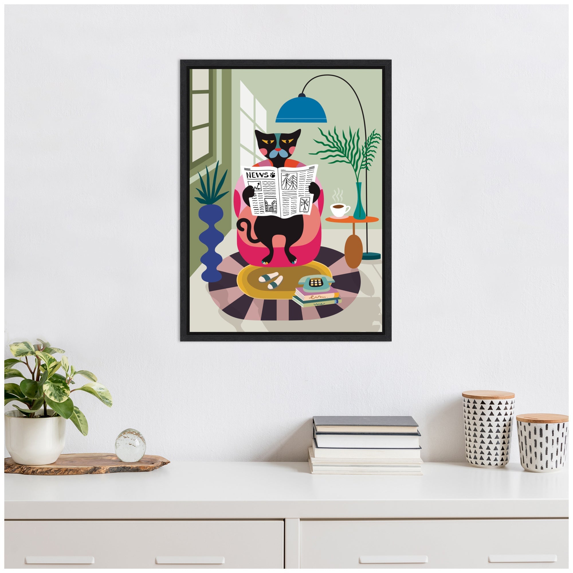 Sylvie Black Cat Reading Newspaper Framed Canvas by Rachel Lee