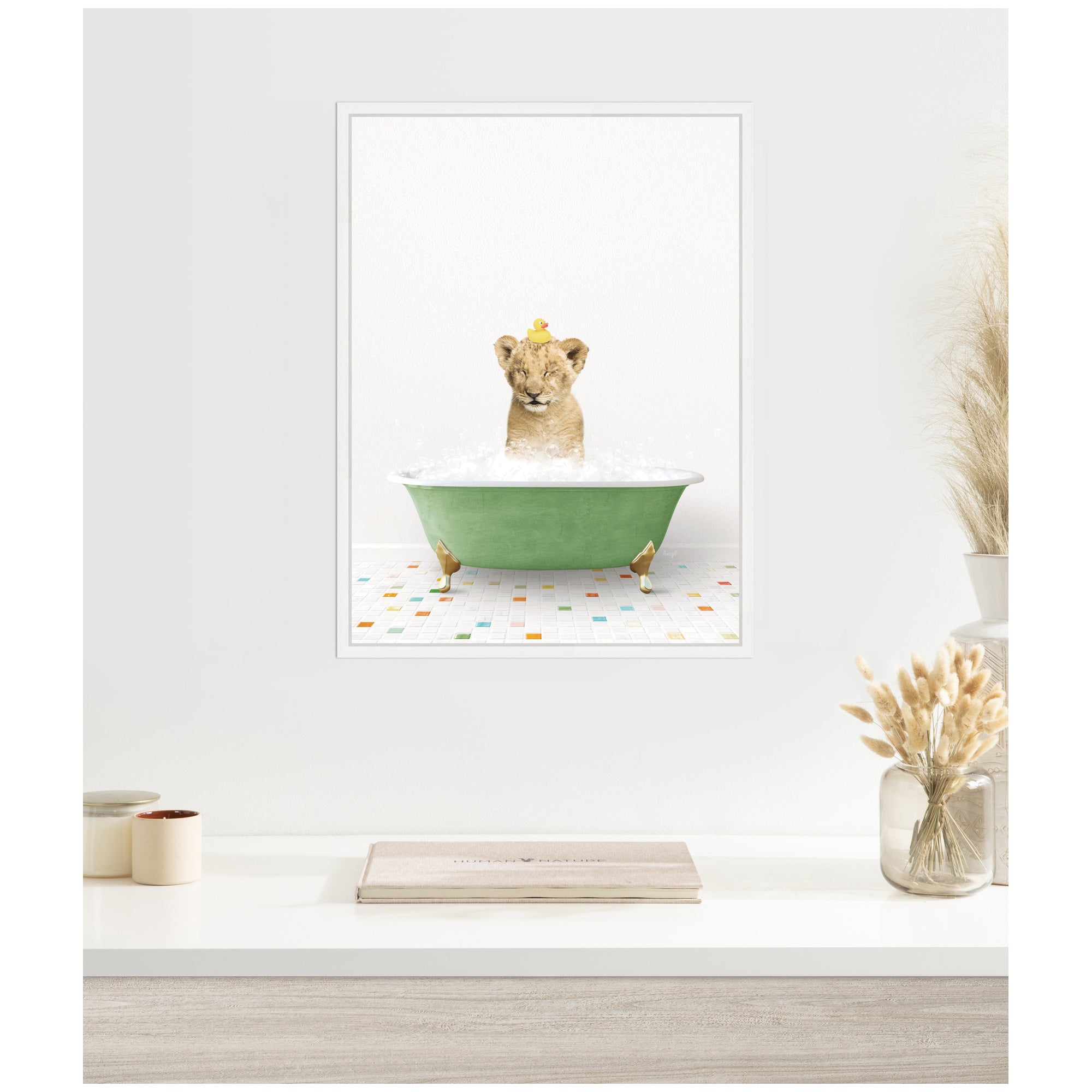 Sylvie Lion Cub in Green Bathtub on Colored Tile Framed Canvas by Amy Peterson