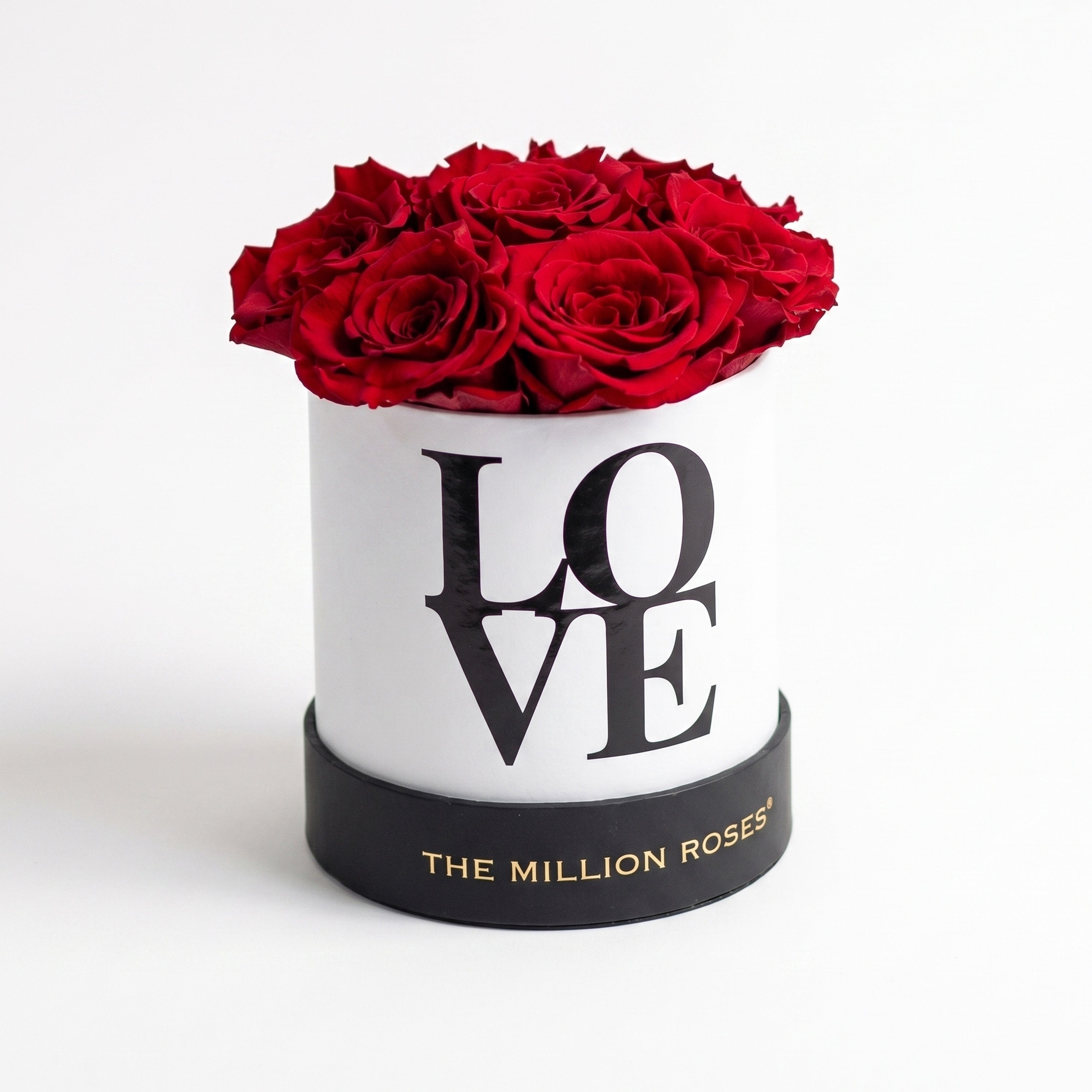Essence White Box Love Edition featuring 7 red roses arranged neatly inside a white box