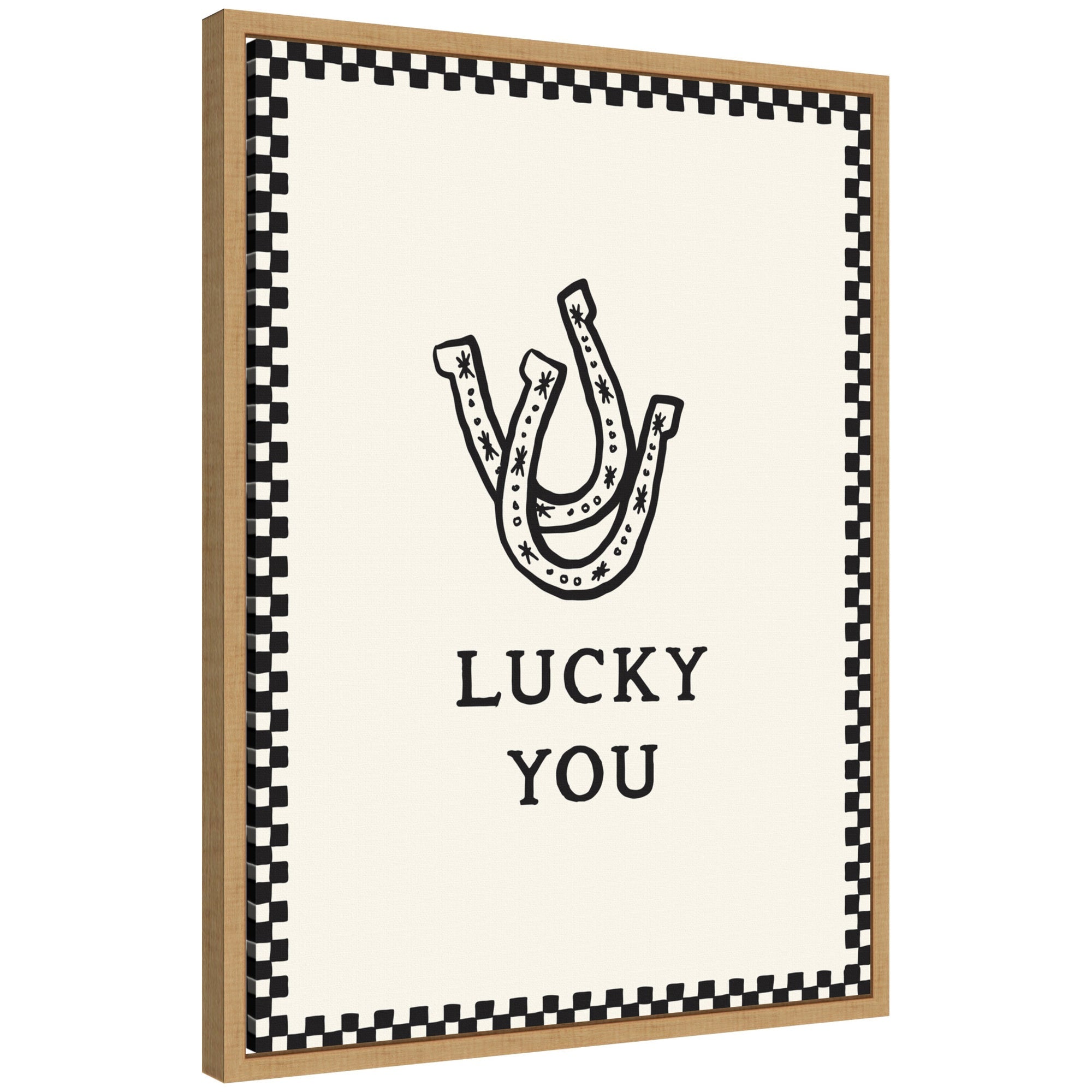Lucky You Checkerboard framed canvas print showing hand drawn western horseshoe art in natural Sylvie frame