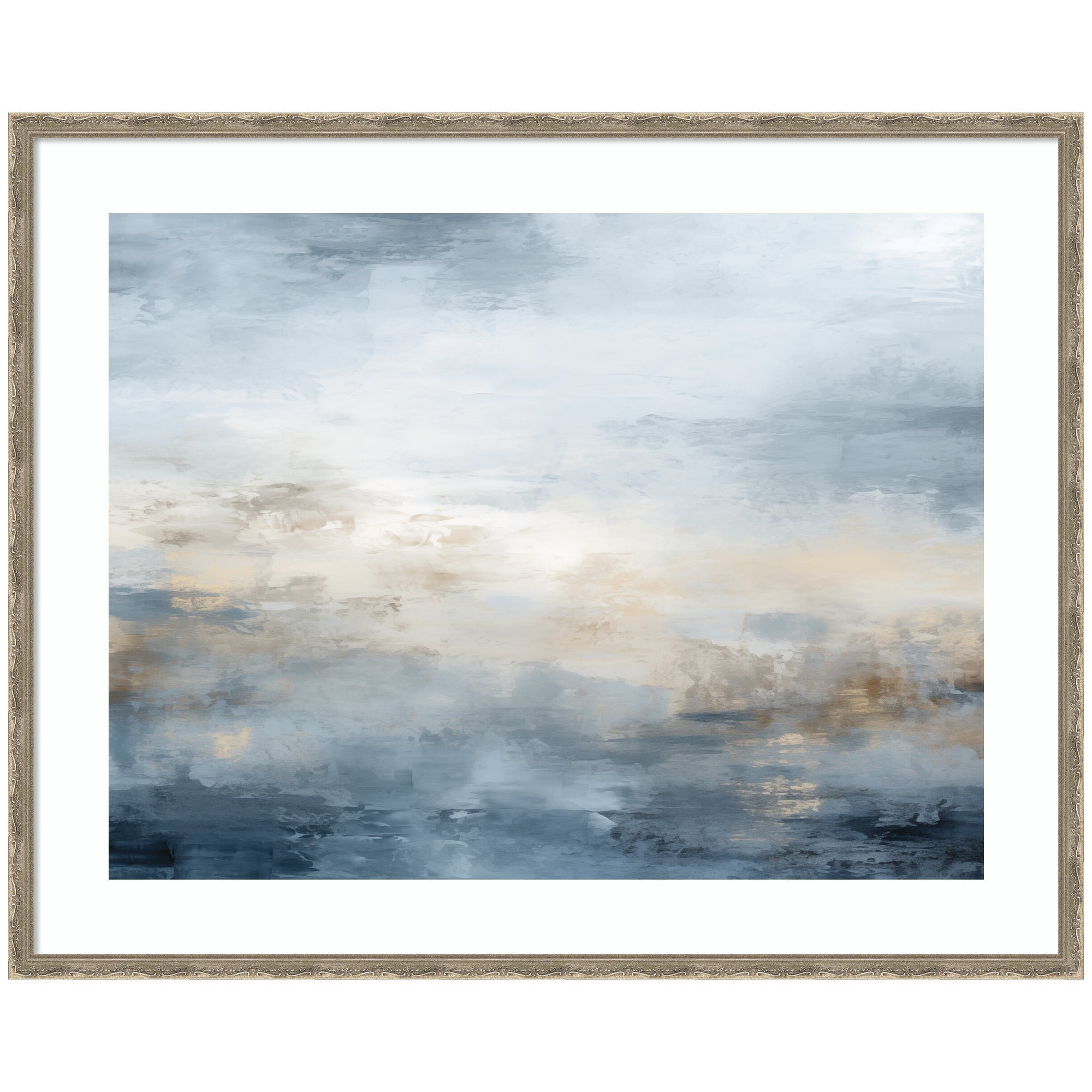 Framed abstract oceanic artwork in tonal blue and beige hues by The Creative Bunch Studio