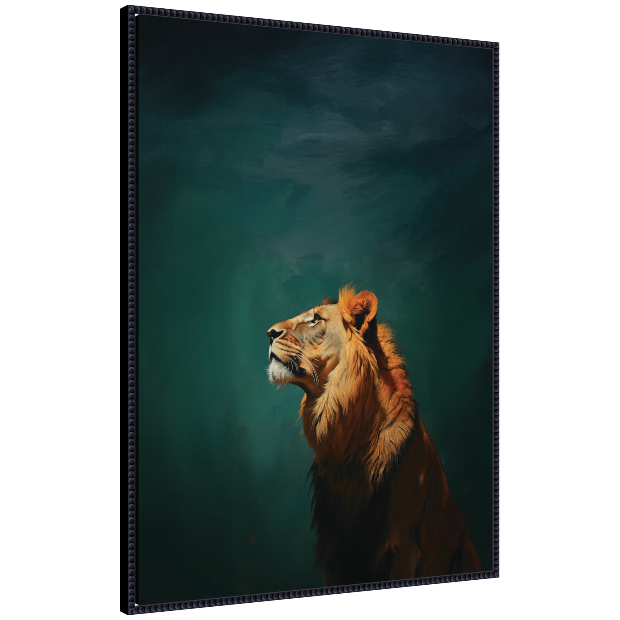 Framed canvas wall art depicting a majestic lion on an abstract tonal blue, teal, and green background