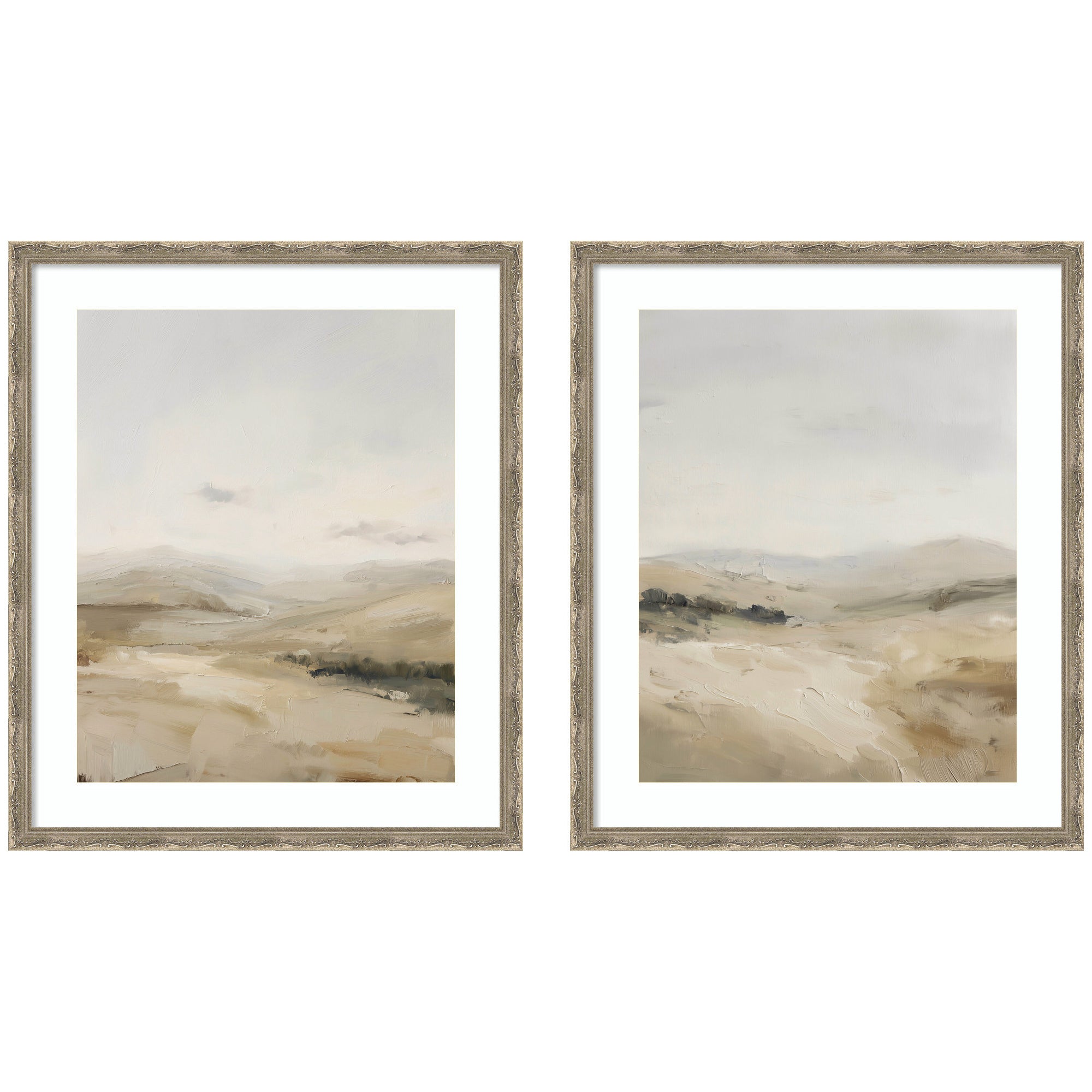 Fading Fields 2 Piece Framed Wall Art Set by Amy Lighthall, displaying two prints in dark silver frames hung side by side on a pale wall