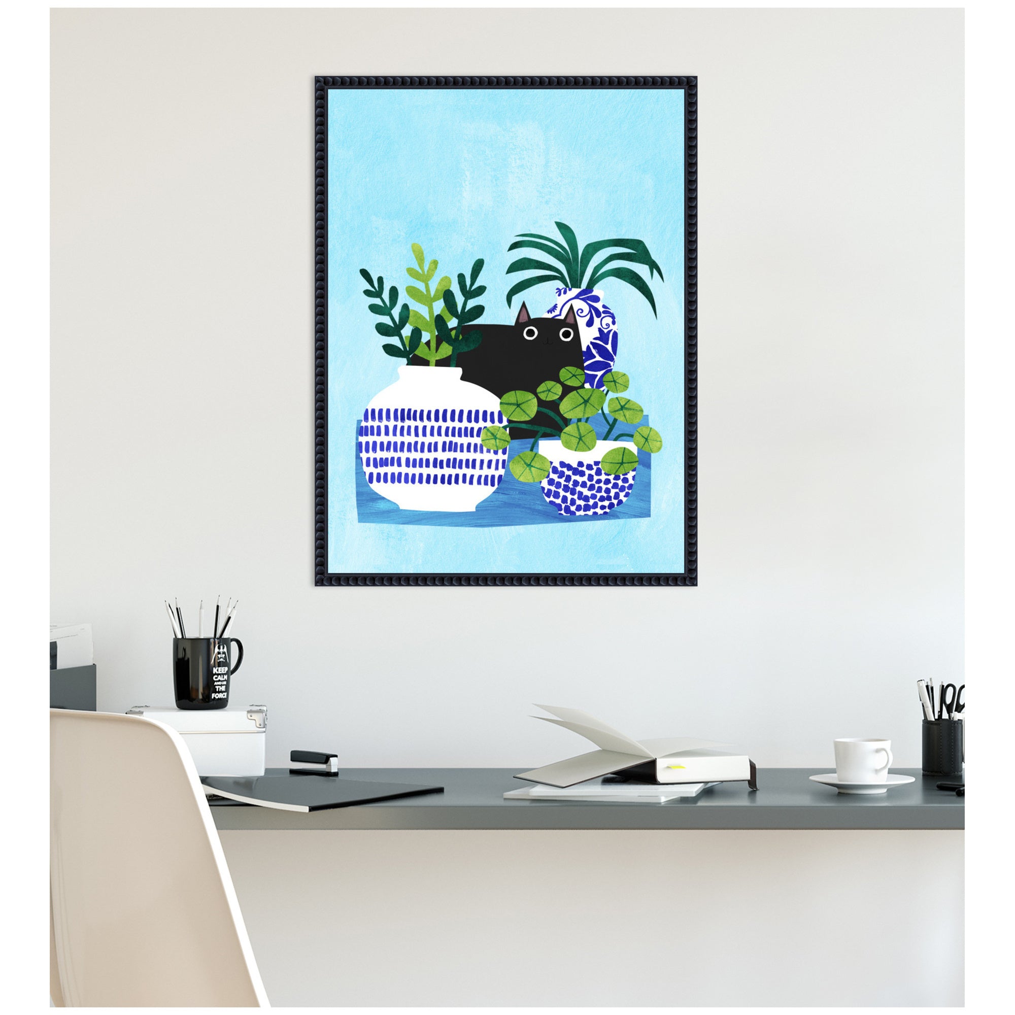 Blue Pots by Planet Cat Framed Canvas Wall Art Print