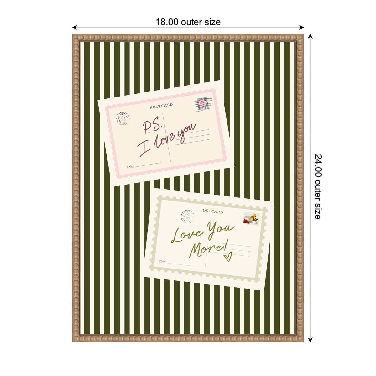 Vintage Postcard Print PS I Love You, Love You More, Striped Green Wall Art