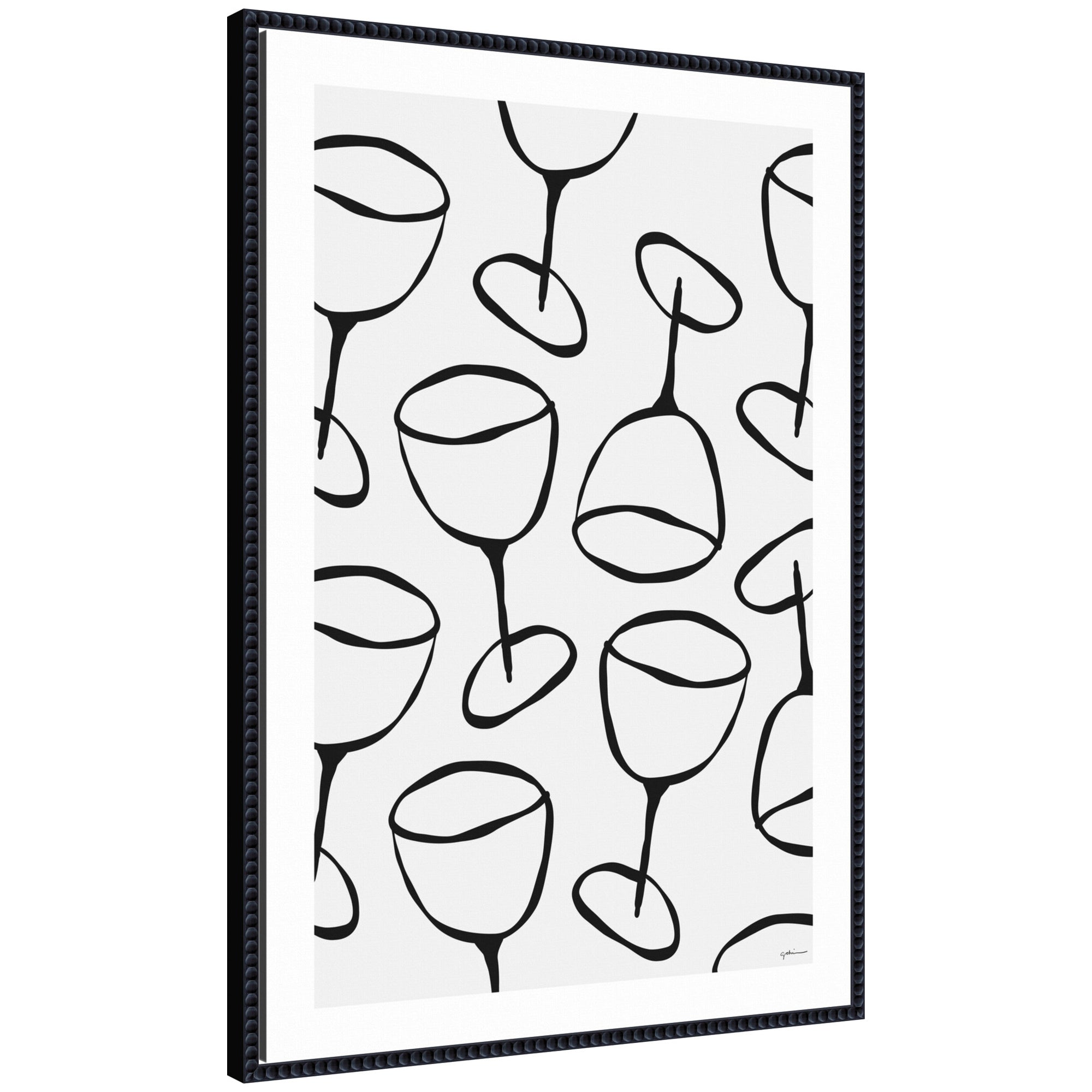 Framed canvas wall art print titled 'Wine Everywhere' by Gabrielly Guedes in a black beaded frame