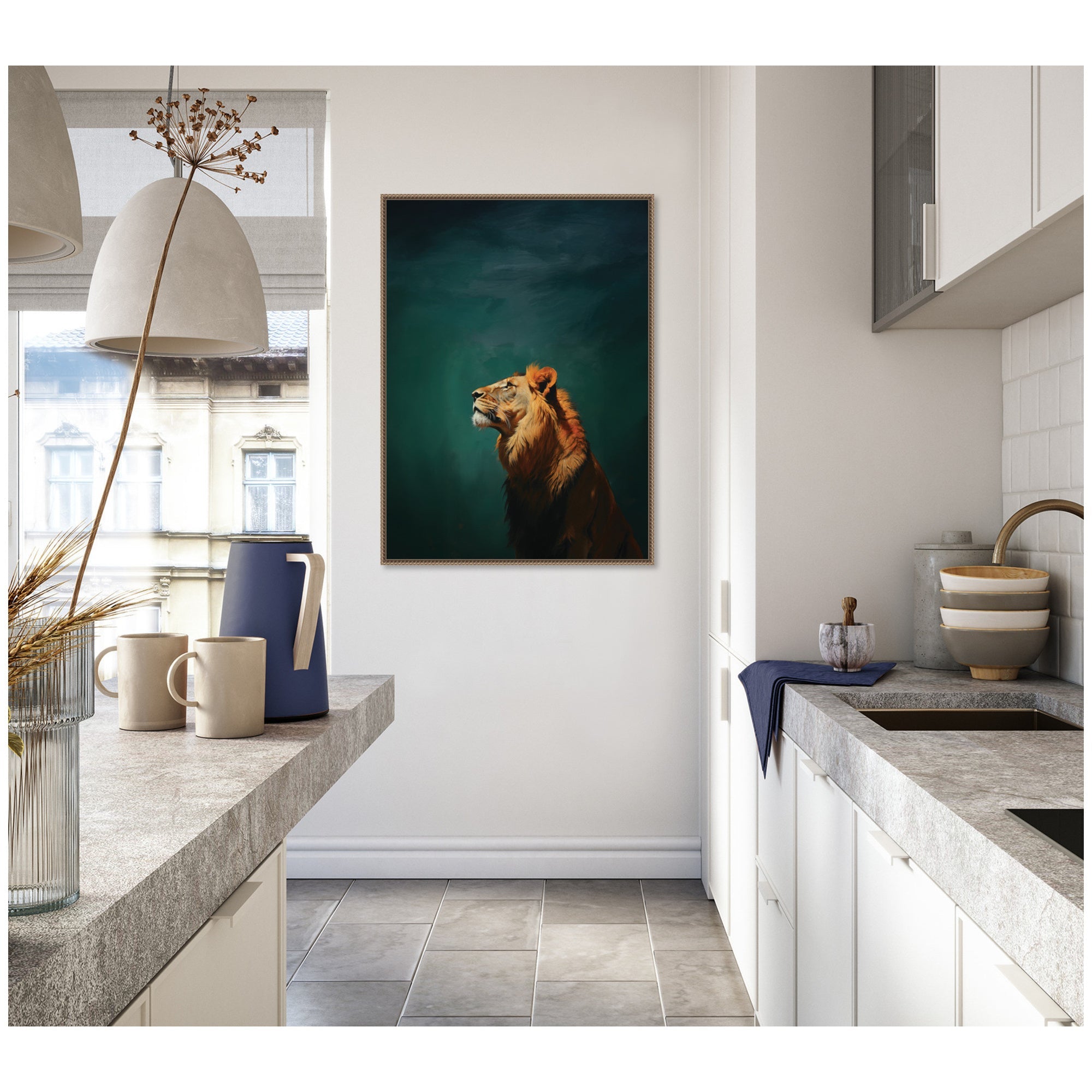 Lion on Tonal Blue Teal Green Abstract by The Creative Bunch Studio Framed Canvas Wall Art Print