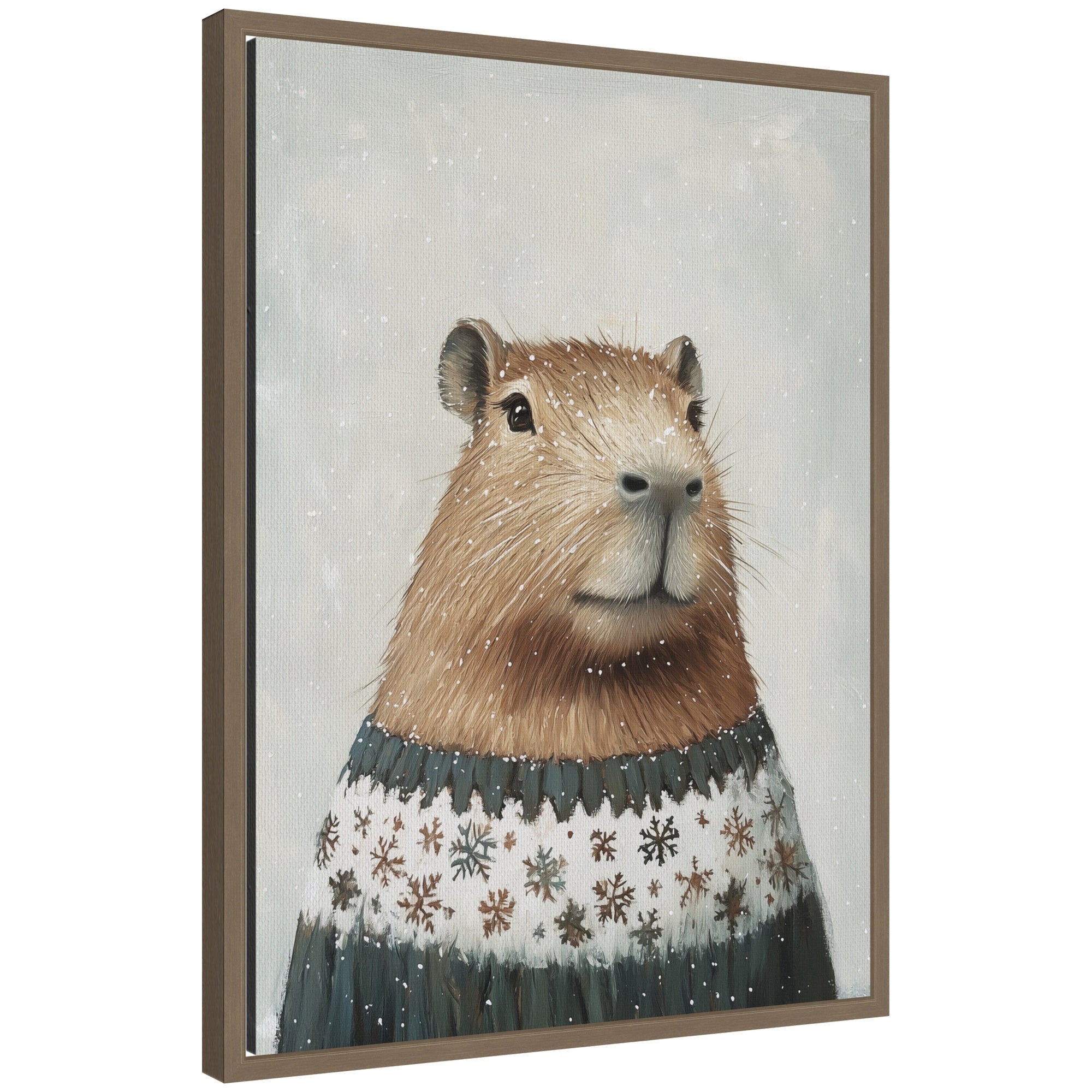 Framed canvas art of a capybara wearing a winter snowflake sweater surrounded by gentle snowfall in muted colors