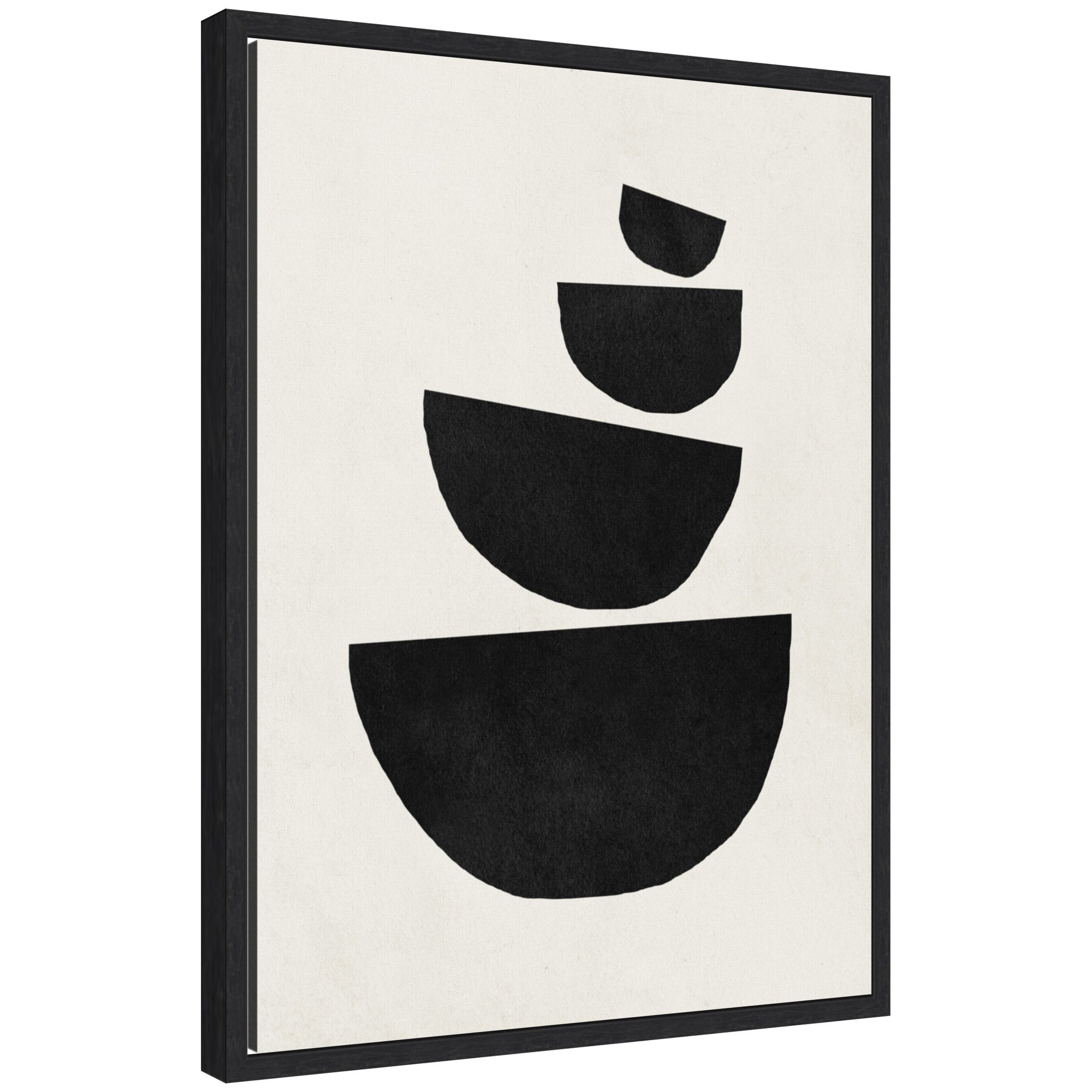 Sylvie Black Geometric Abstract 1 Framed Canvas showcasing layered black geometric shapes on white background, modern polystyrene frame visible