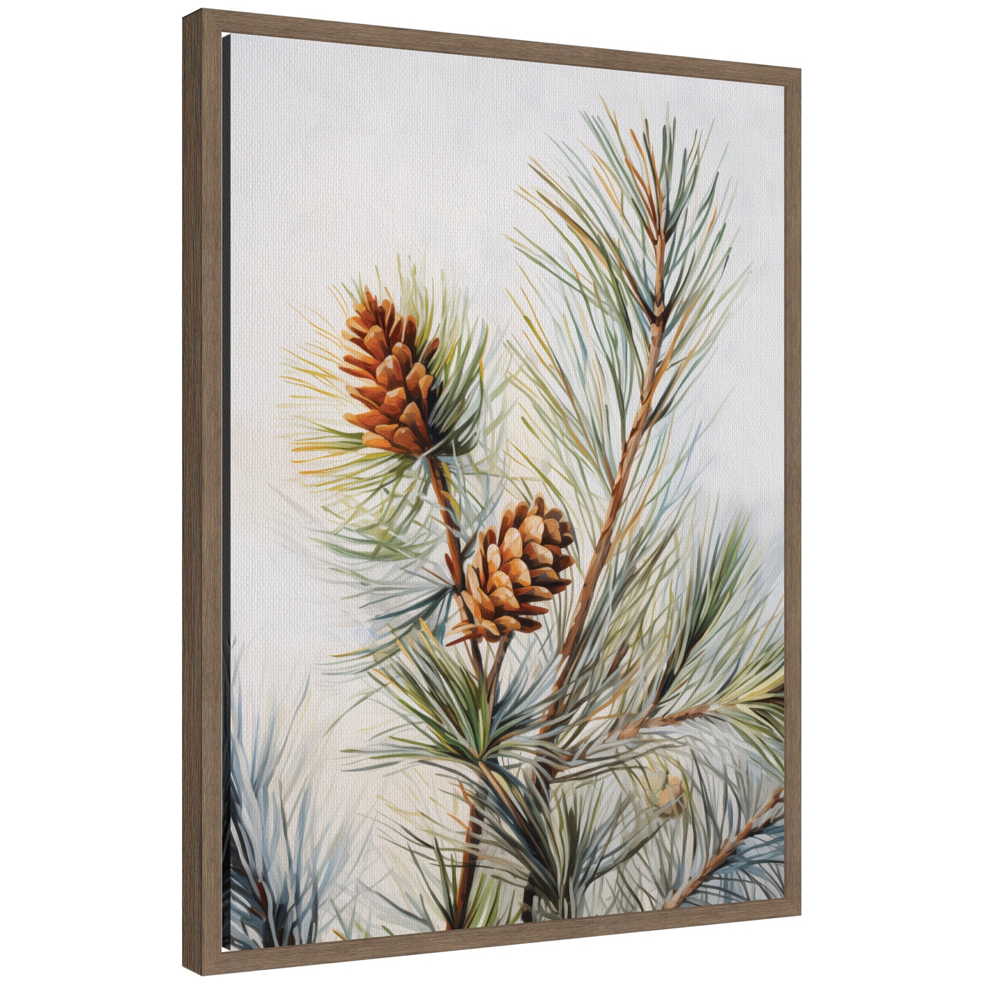 Framed canvas art showing detailed pine branches with cones by The Creative Bunch Studio