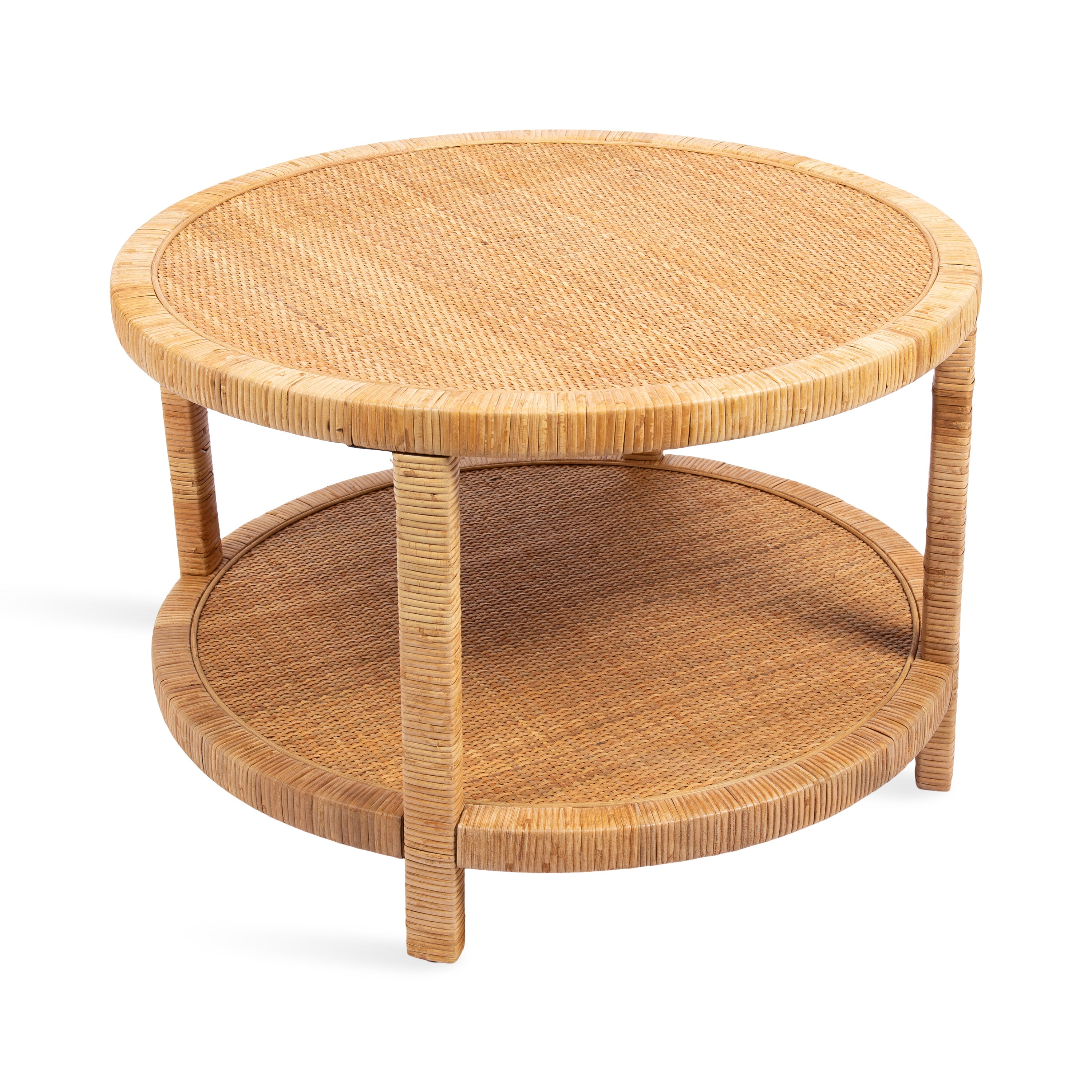 Rafina Rattan Round Coffee Table with natural rattan legs and round tiered tabletop in a bright living room setting