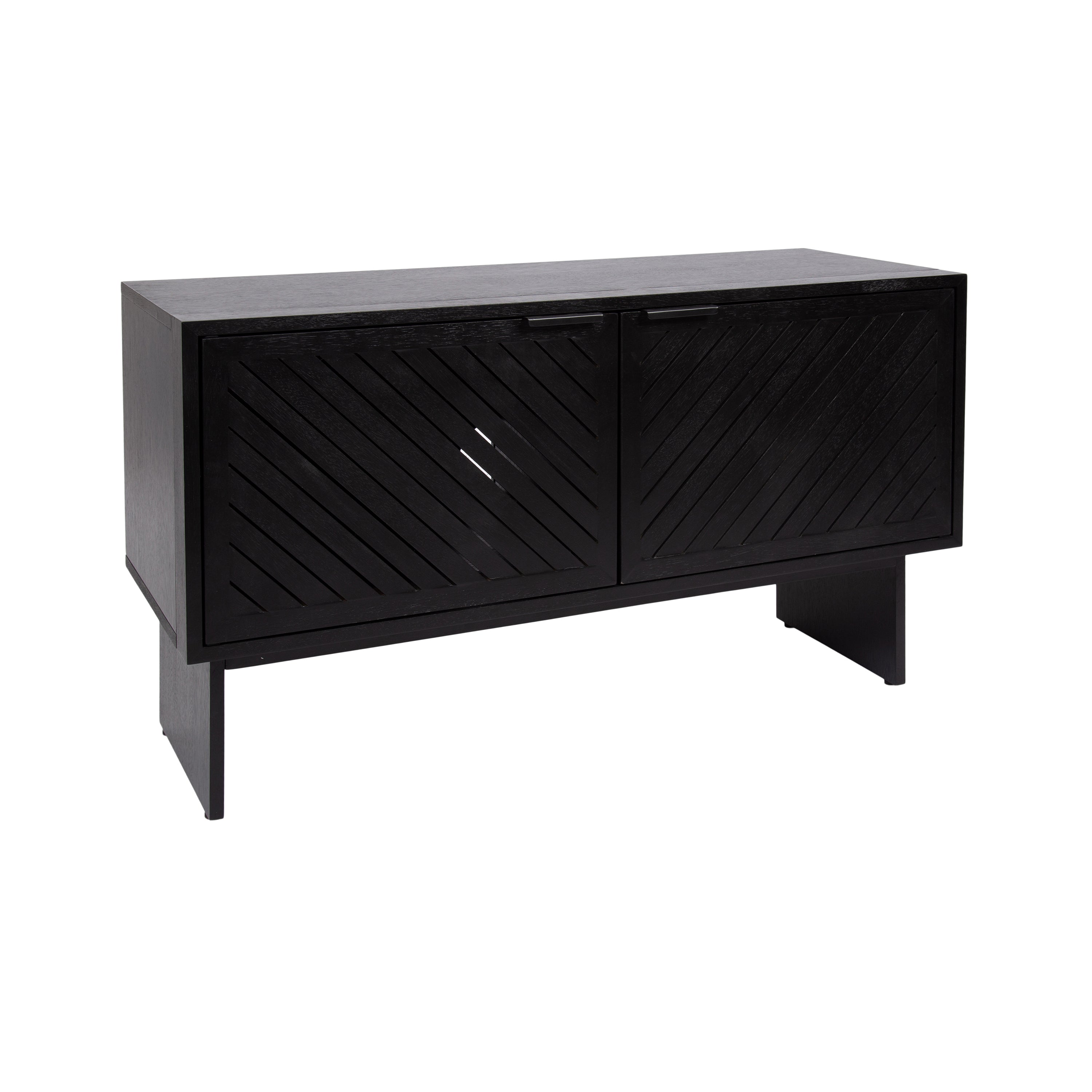 Mezzeta Wood TV Stand by Kate and Laurel featuring chevron slatted wood doors in a living room setting