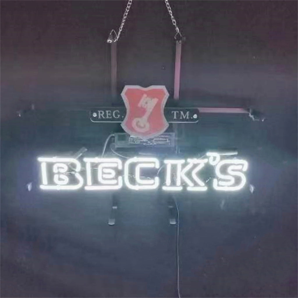 Beck's Beer Neon Sign Light with red and white glowing glass tubes on acrylic backing