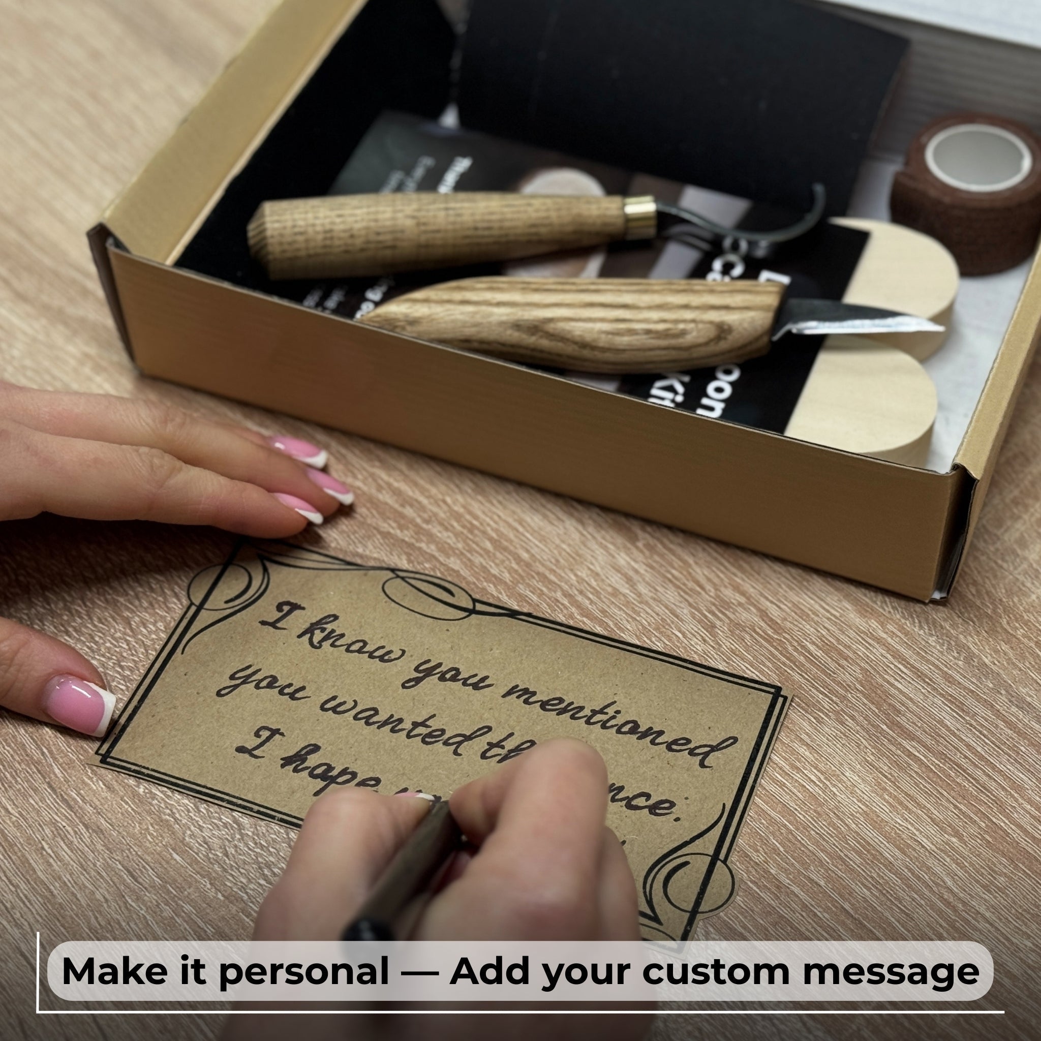 Beginner DIY Spoon Carving Kit with hand-forged knives, linden wood blanks, and carving tools laid out