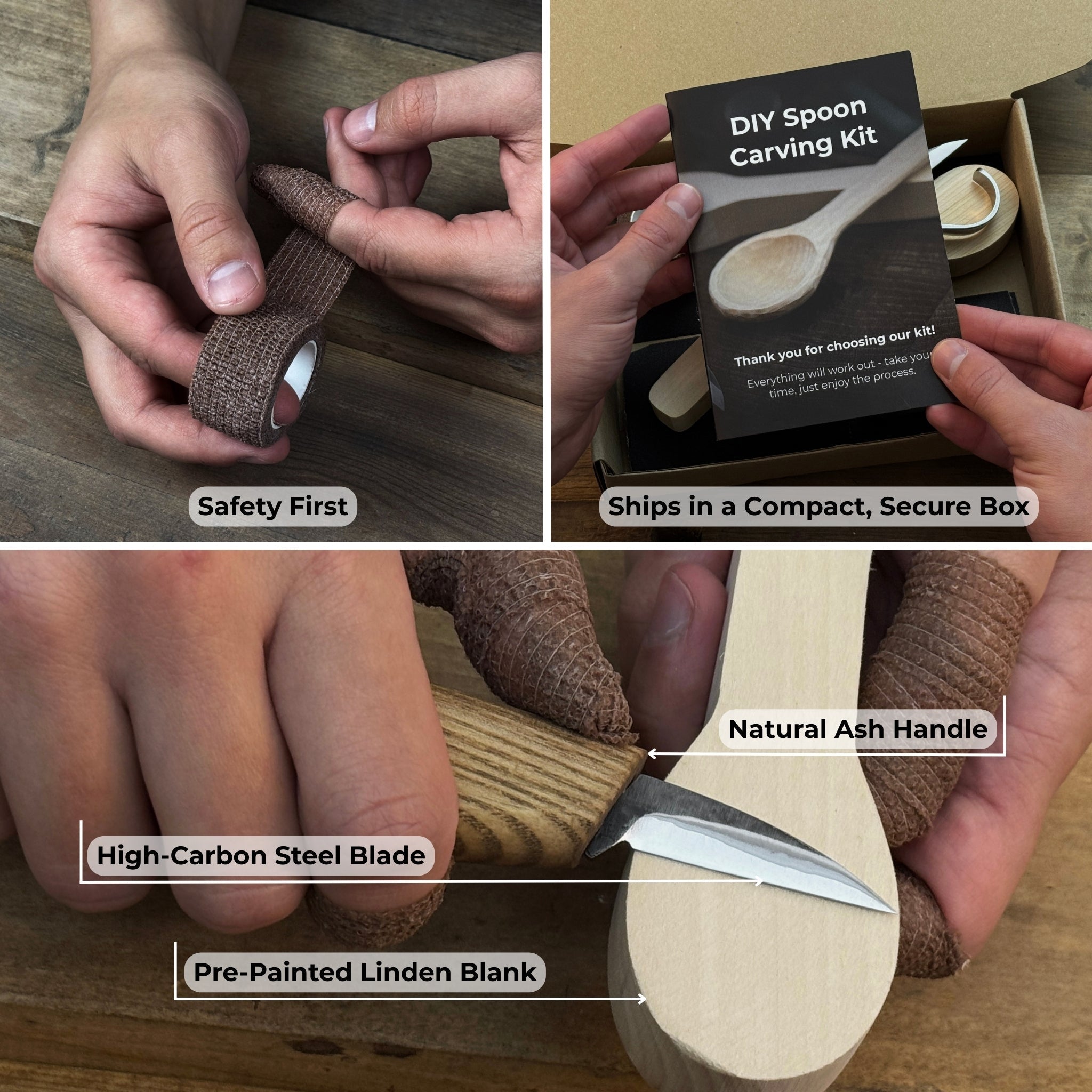 Beginner DIY Spoon Carving Kit with hand-forged knives, linden wood blanks, and carving tools laid out