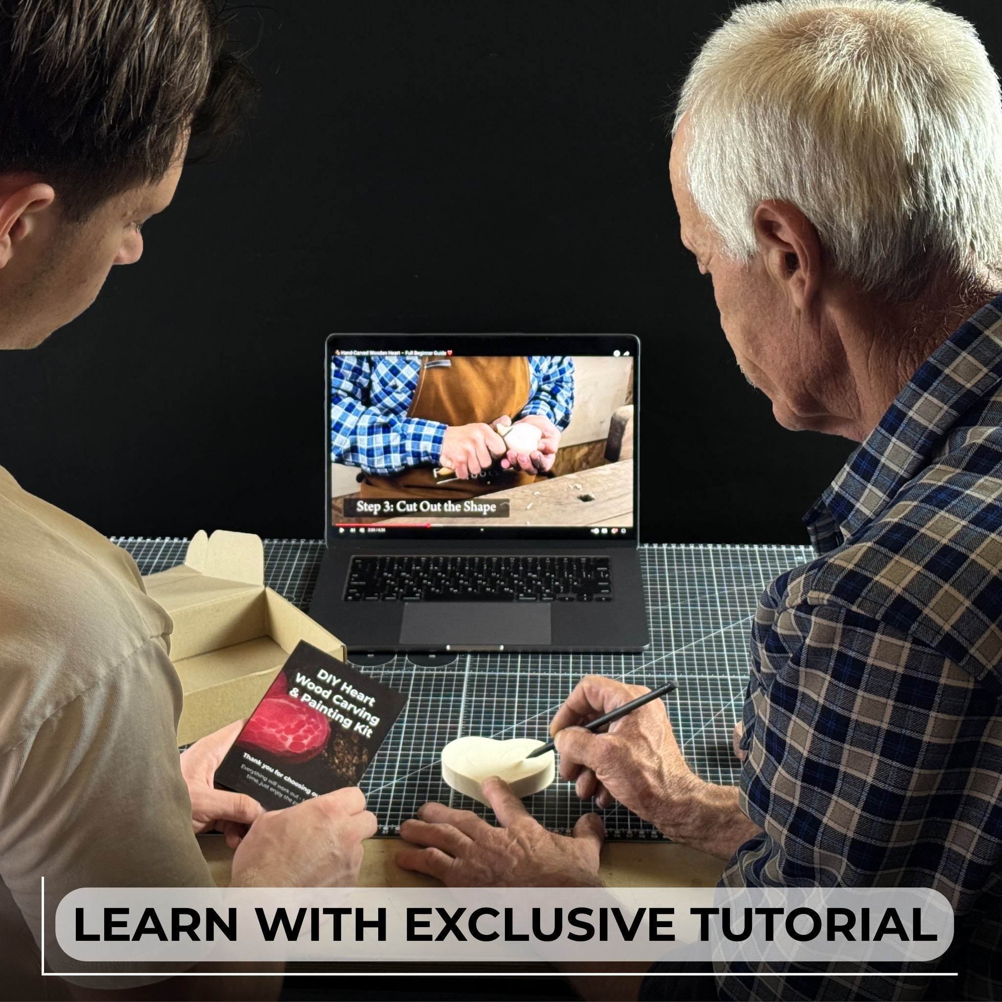 Beginner Heart Wood Carving and Painting Kit with tools and paints laid out