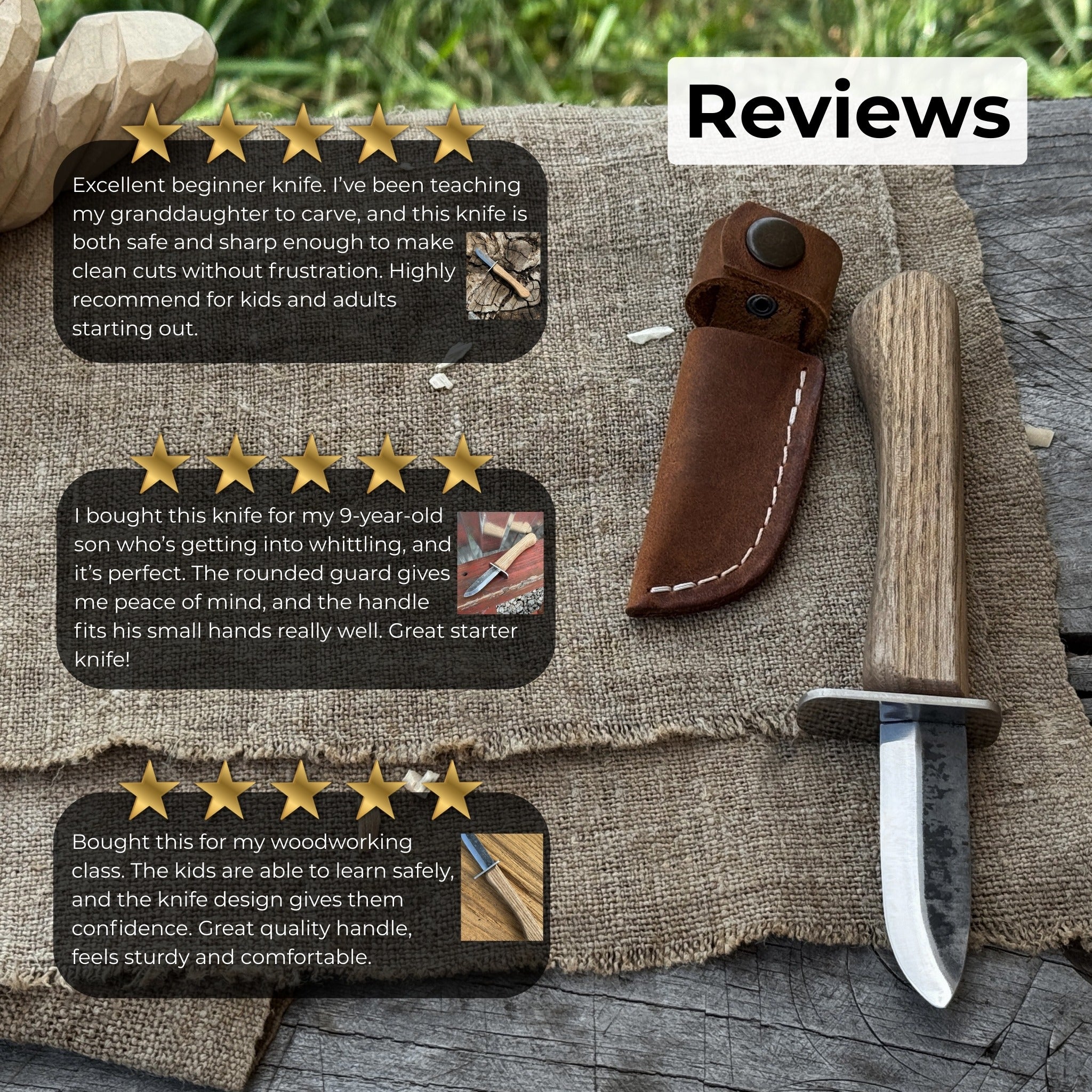 Beginner’s woodcarving knife with 6 cm carbon steel blade and leather sheath by Sharky Forged Steel Tools