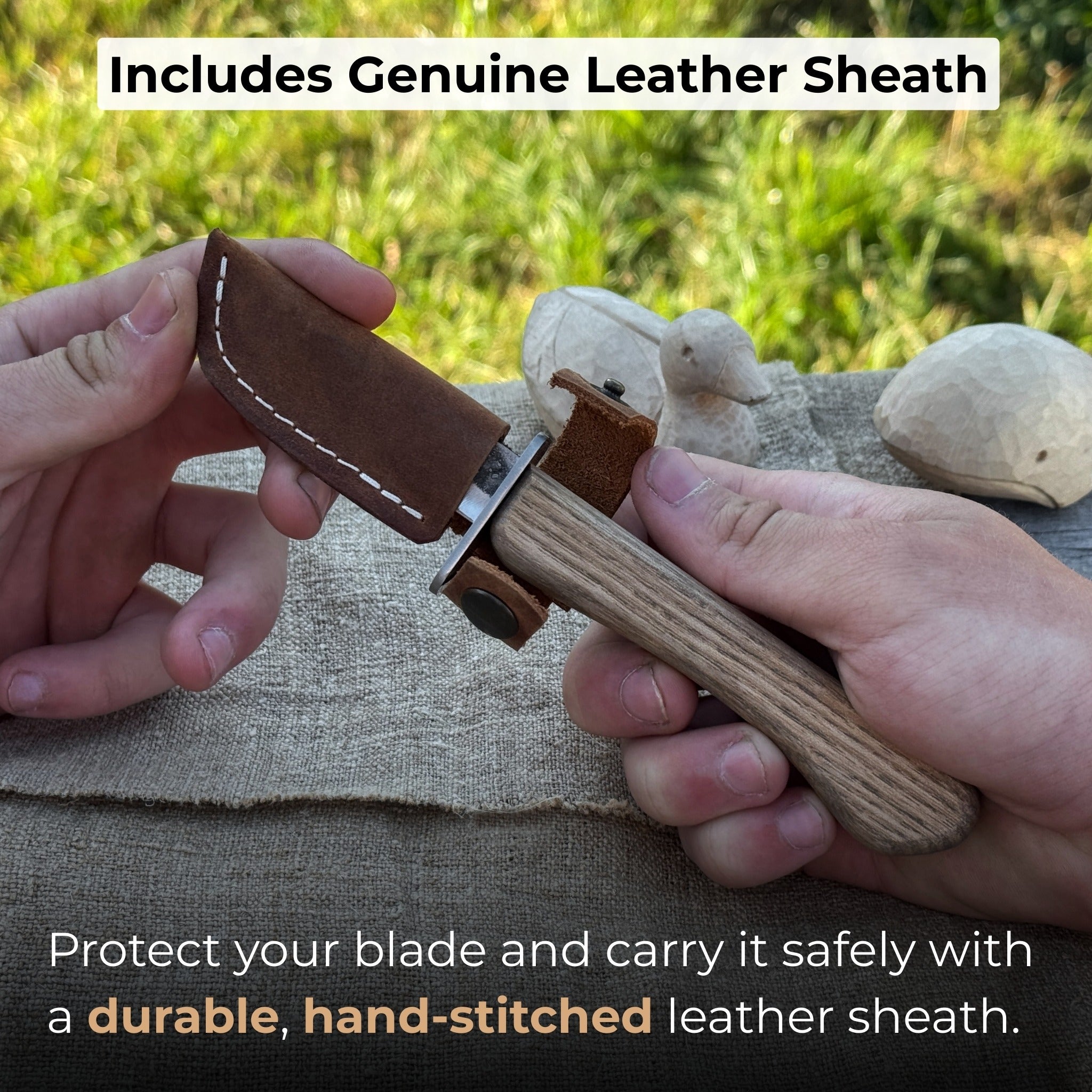 Beginner’s woodcarving knife with 6 cm carbon steel blade and leather sheath by Sharky Forged Steel Tools