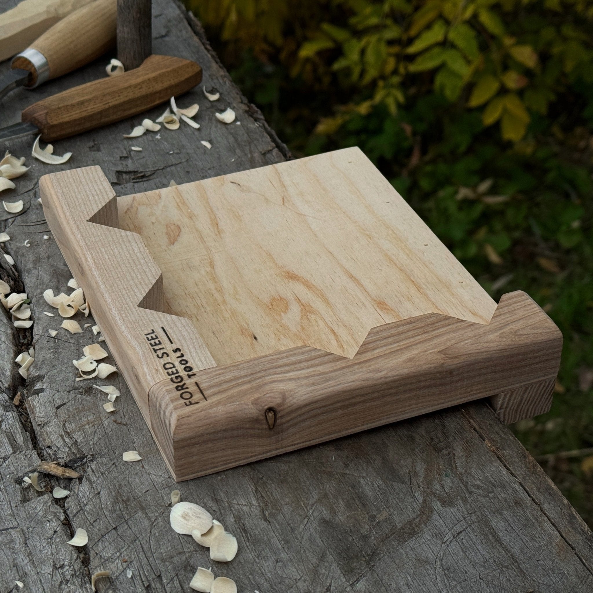 Handcrafted wooden bench hook for wood carving and chiseling by Sharky Forged Steel Tools