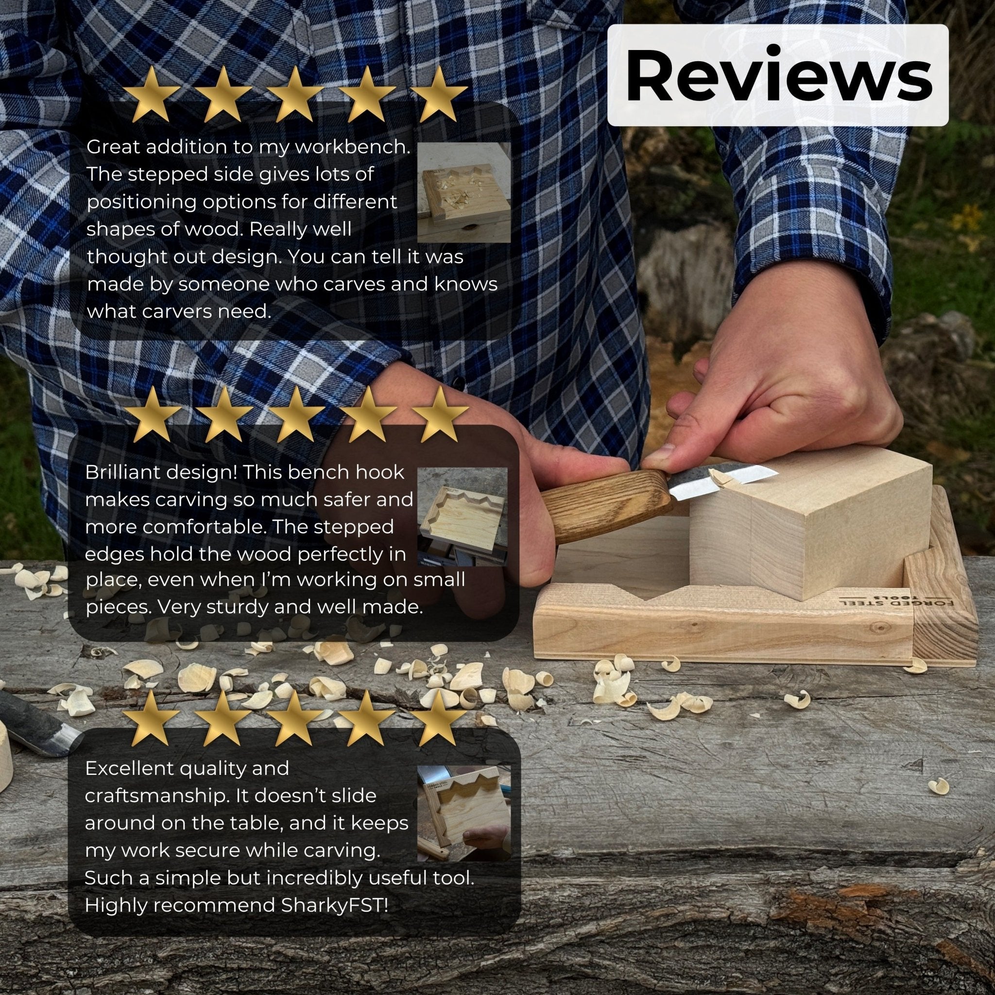 Handcrafted wooden bench hook for wood carving and chiseling by Sharky Forged Steel Tools