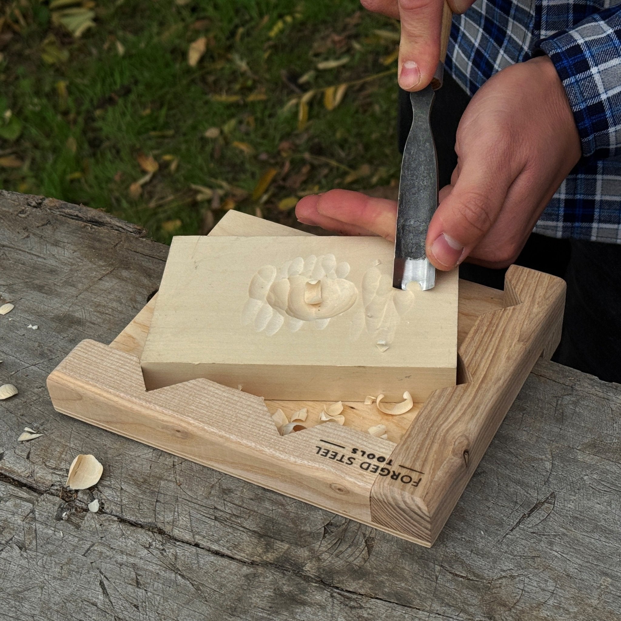 Handcrafted wooden bench hook for wood carving and chiseling by Sharky Forged Steel Tools