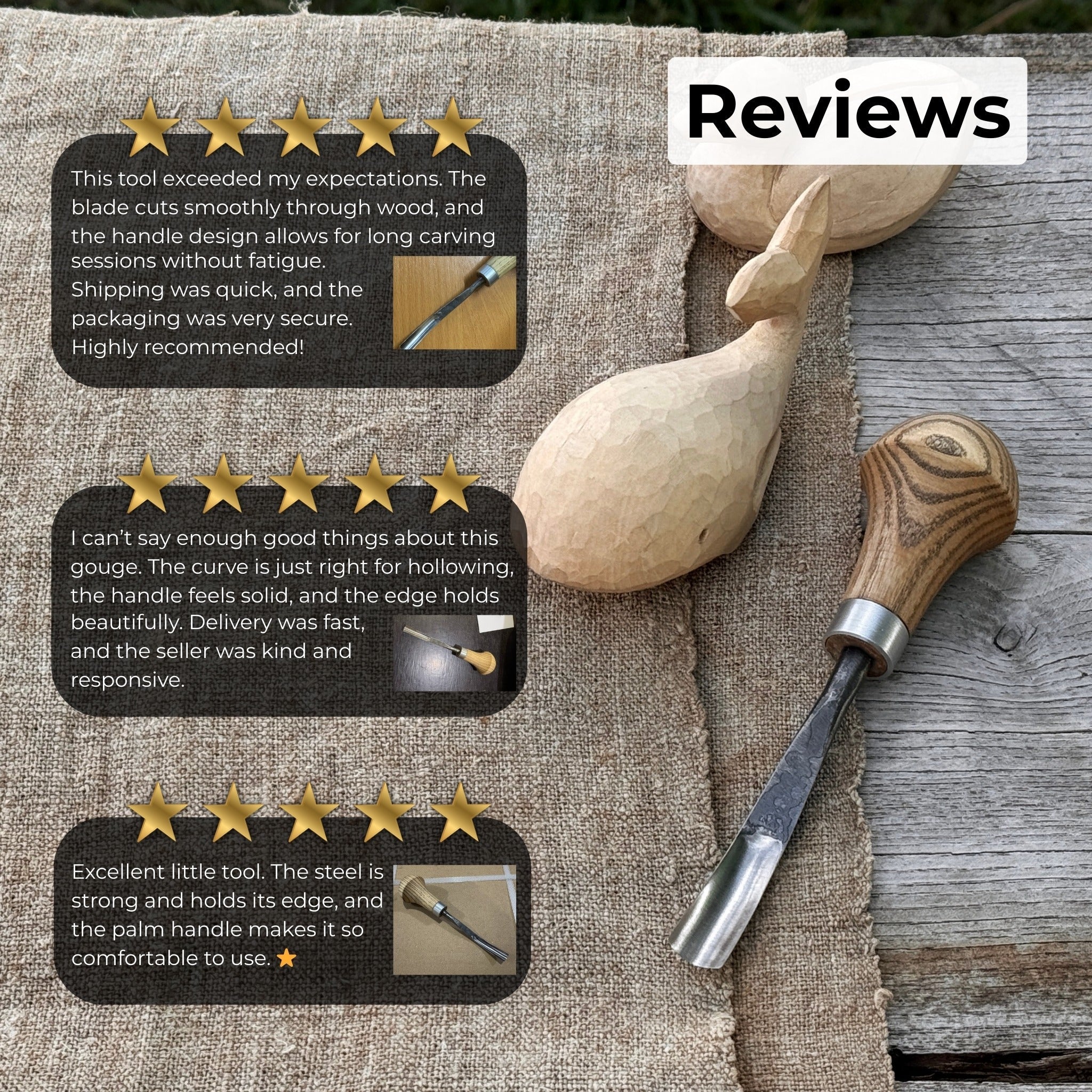 Bent carving gouge with palm handle showing 8 mm and 12 mm blade options by Sharky Forged Steel Tools