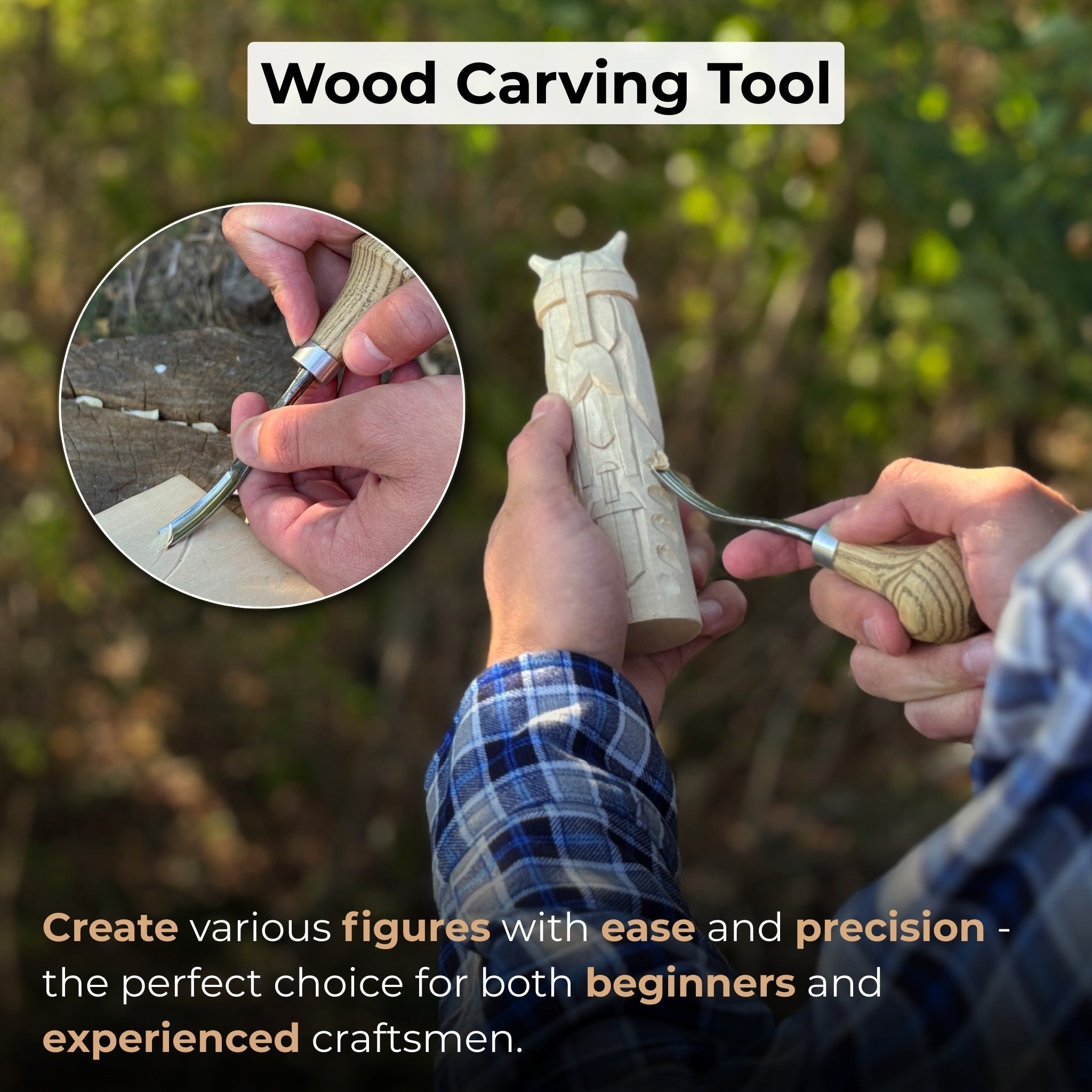Bent carving gouge with palm handle showing 8 mm and 12 mm blade options by Sharky Forged Steel Tools