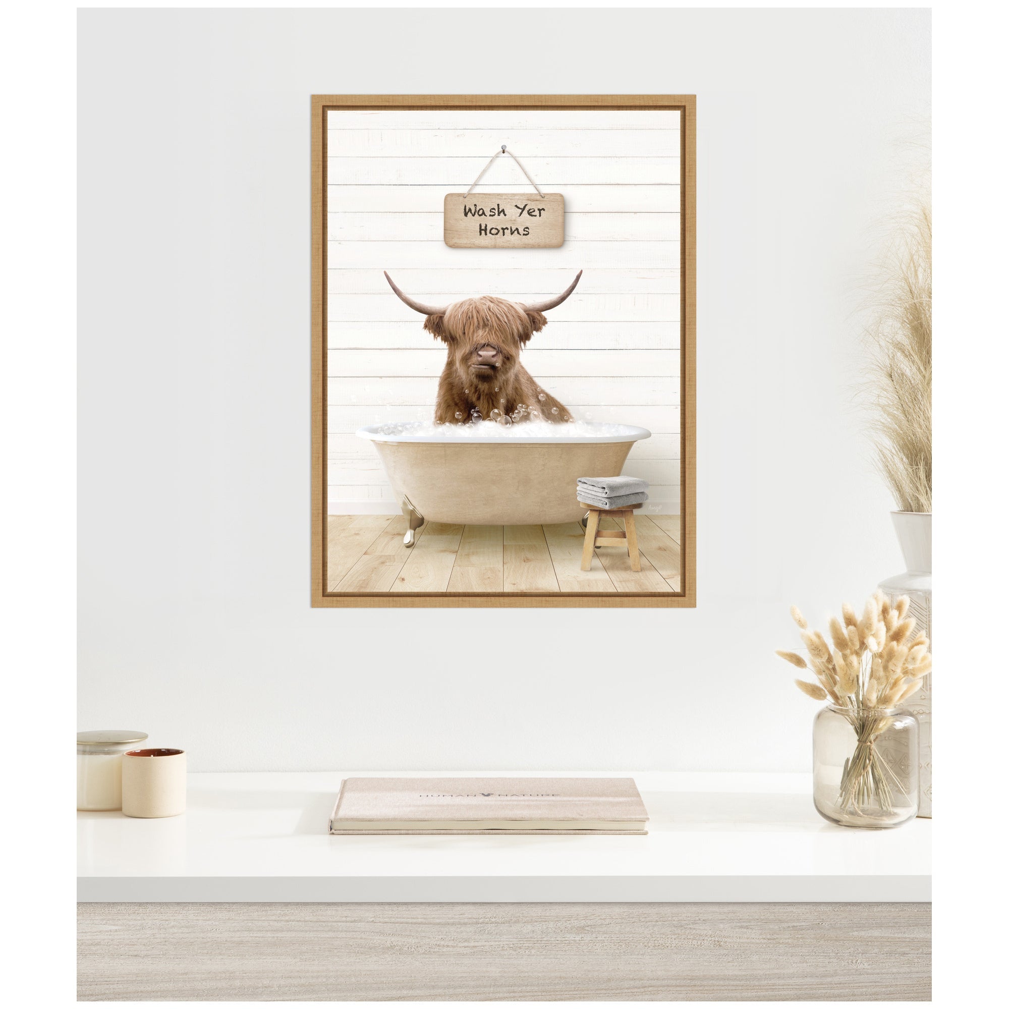 Sylvie Highland Cow in Modern Bathtub Wash Your Horns Framed Canvas