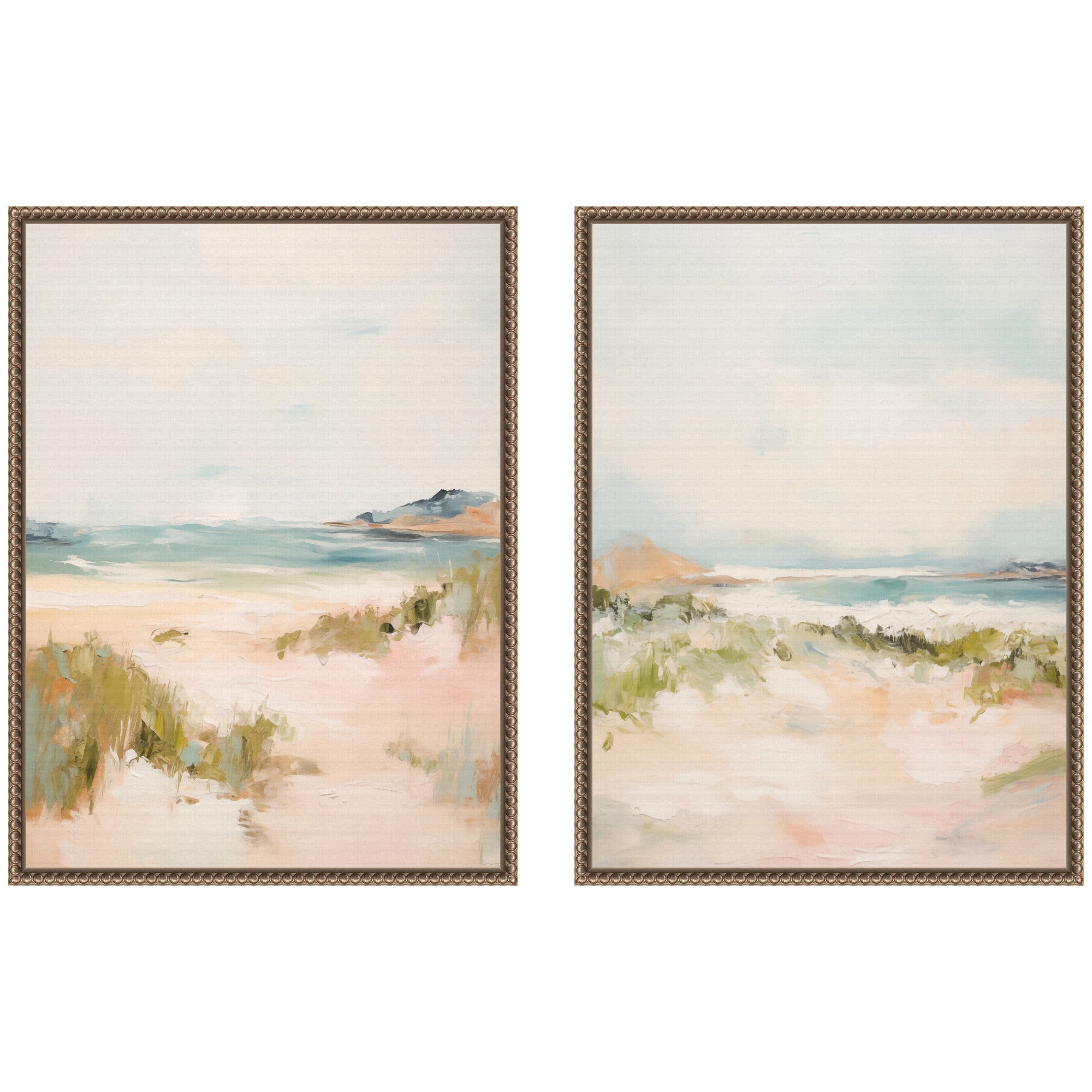 Tranquil Landscape 2 Piece Framed Canvas Wall Art Set by Amy Lighthall in Sylvie Beaded Dark Gold frame shown hung on a wall