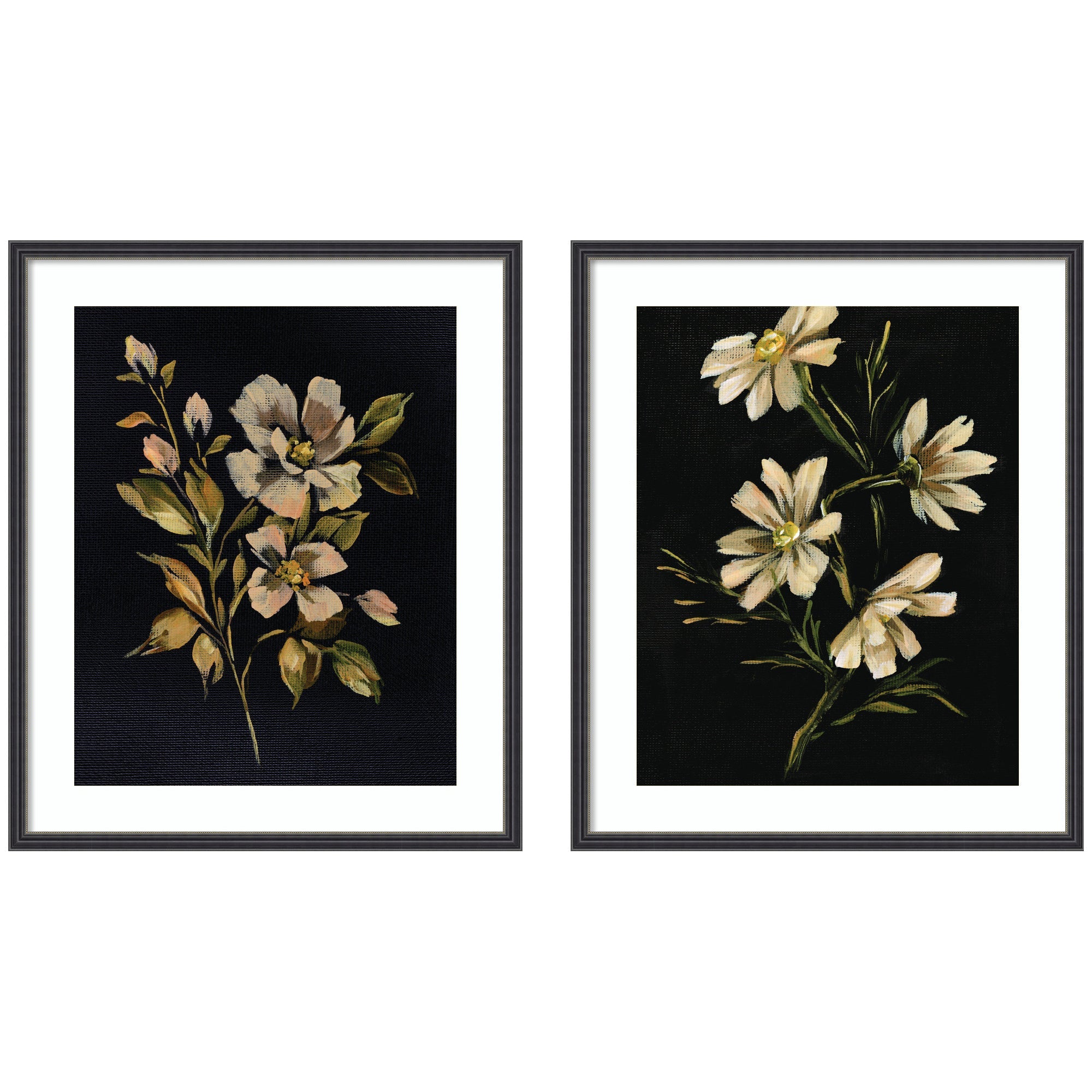 Moody Floral 4 & 7 framed botanical print set by Annie Quigley, showcasing floral motifs in black narrow frames