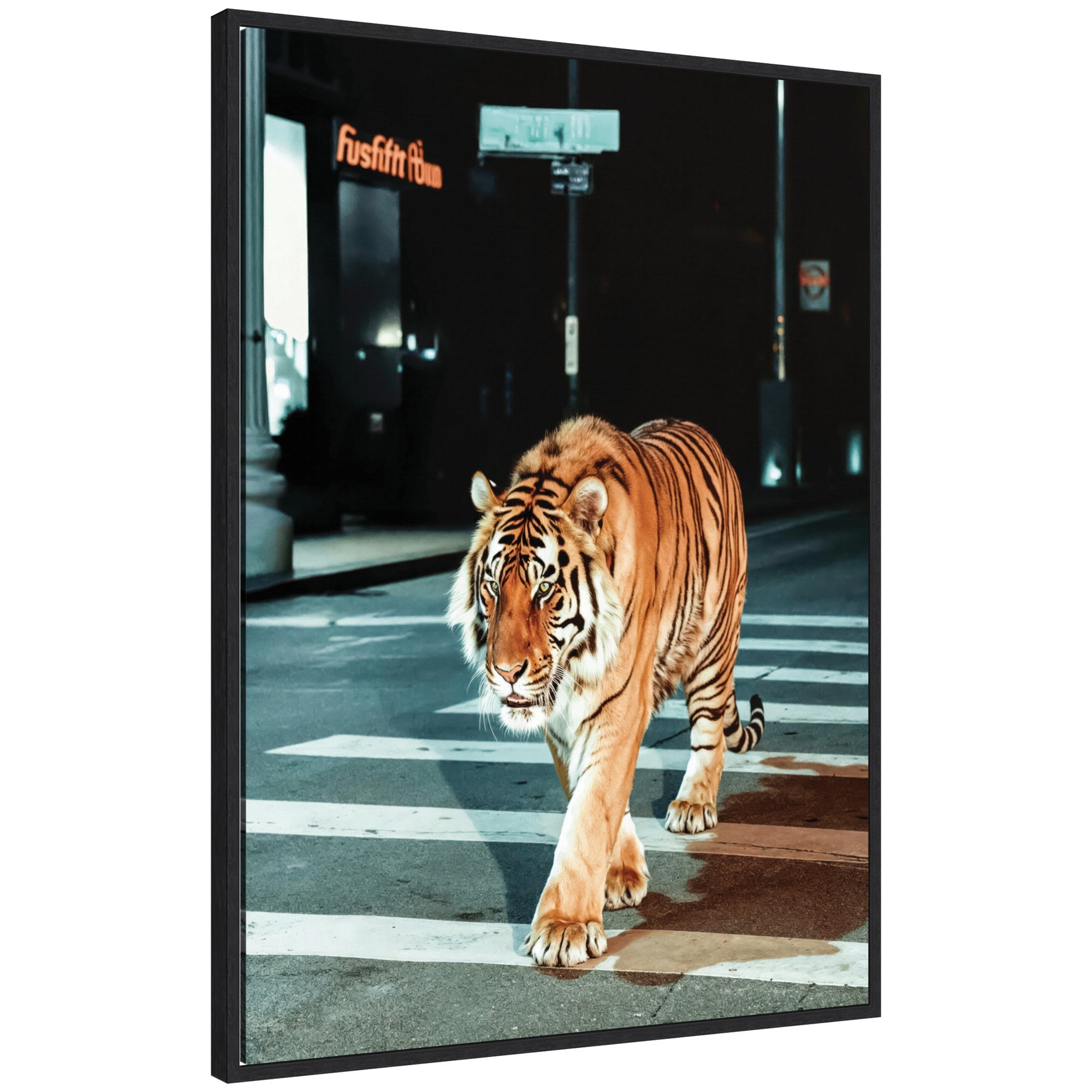 Sylvie Tiger in the City at Night 2 framed canvas art showing a tiger at night against a cityscape, by Michael Schauer