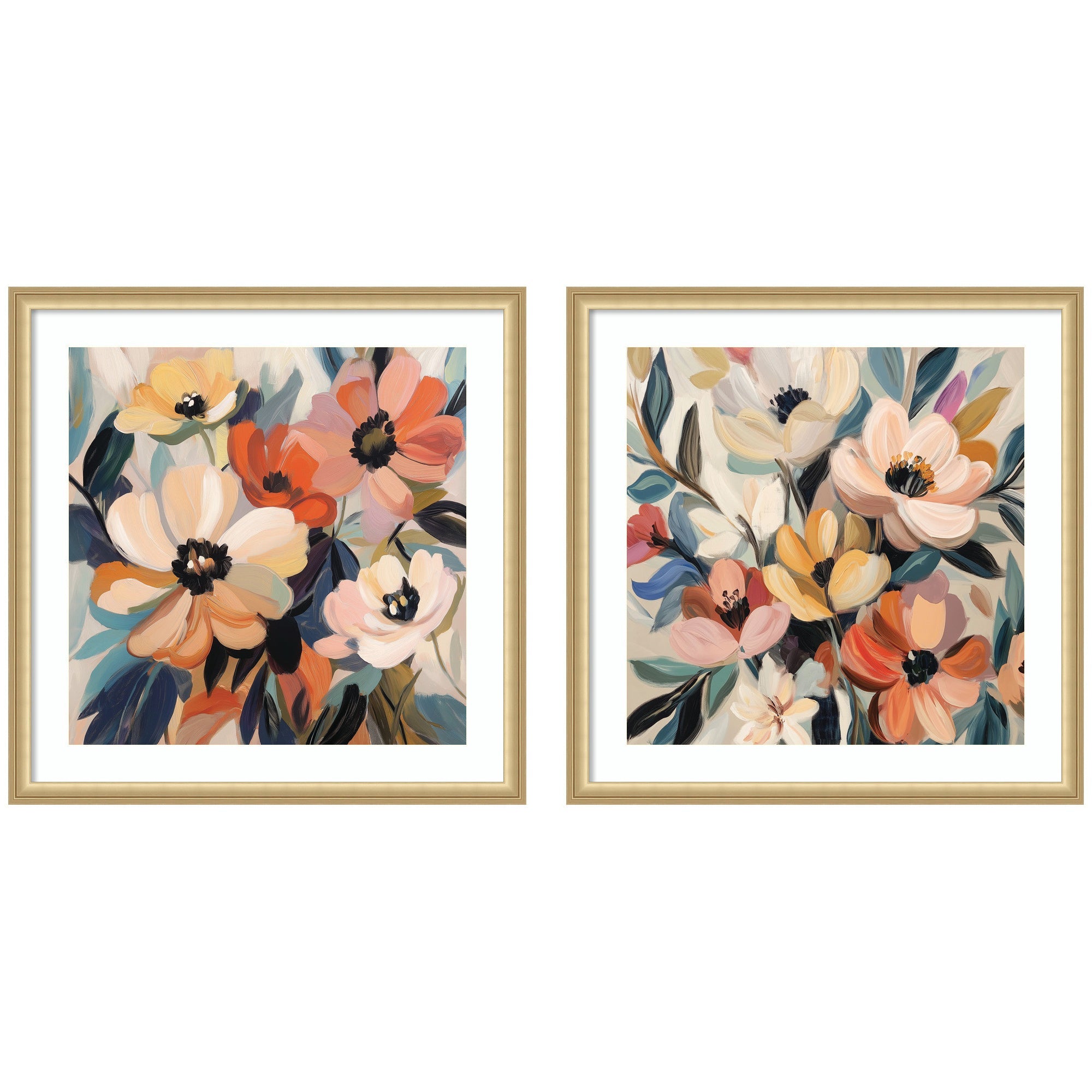 Framed 2 piece Garden Bloom Abstract Bouquet wall art set in Florence Gold frames