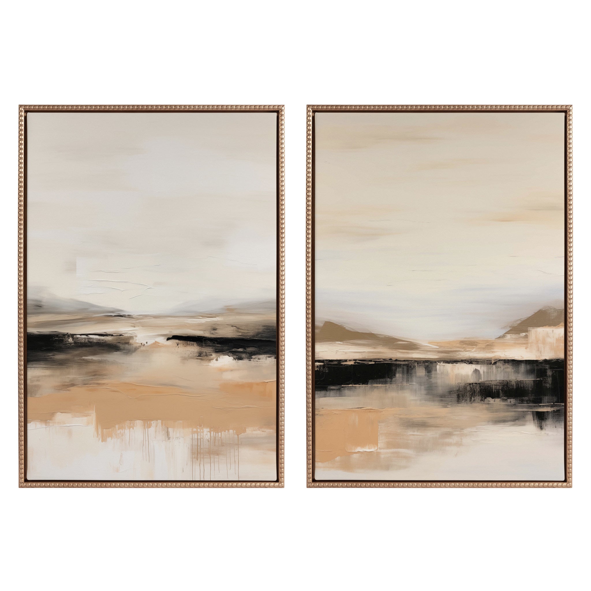 Sylvie Beaded Peaceful Landscape I and II framed canvas art set featuring serene outdoor scenes in gold beaded frames